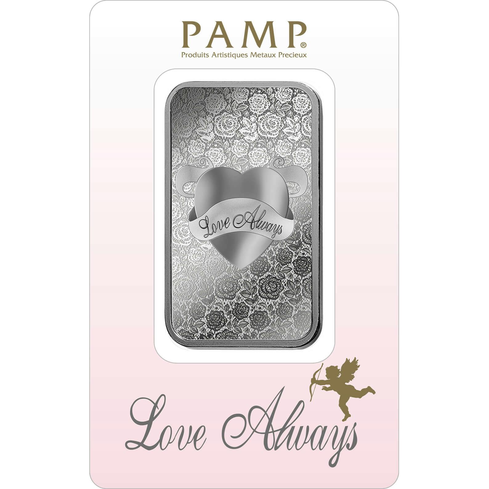 Kaufen Sie 1 Unze Feinsilberbarren Love Always - PAMP Schweiz - Pack Front