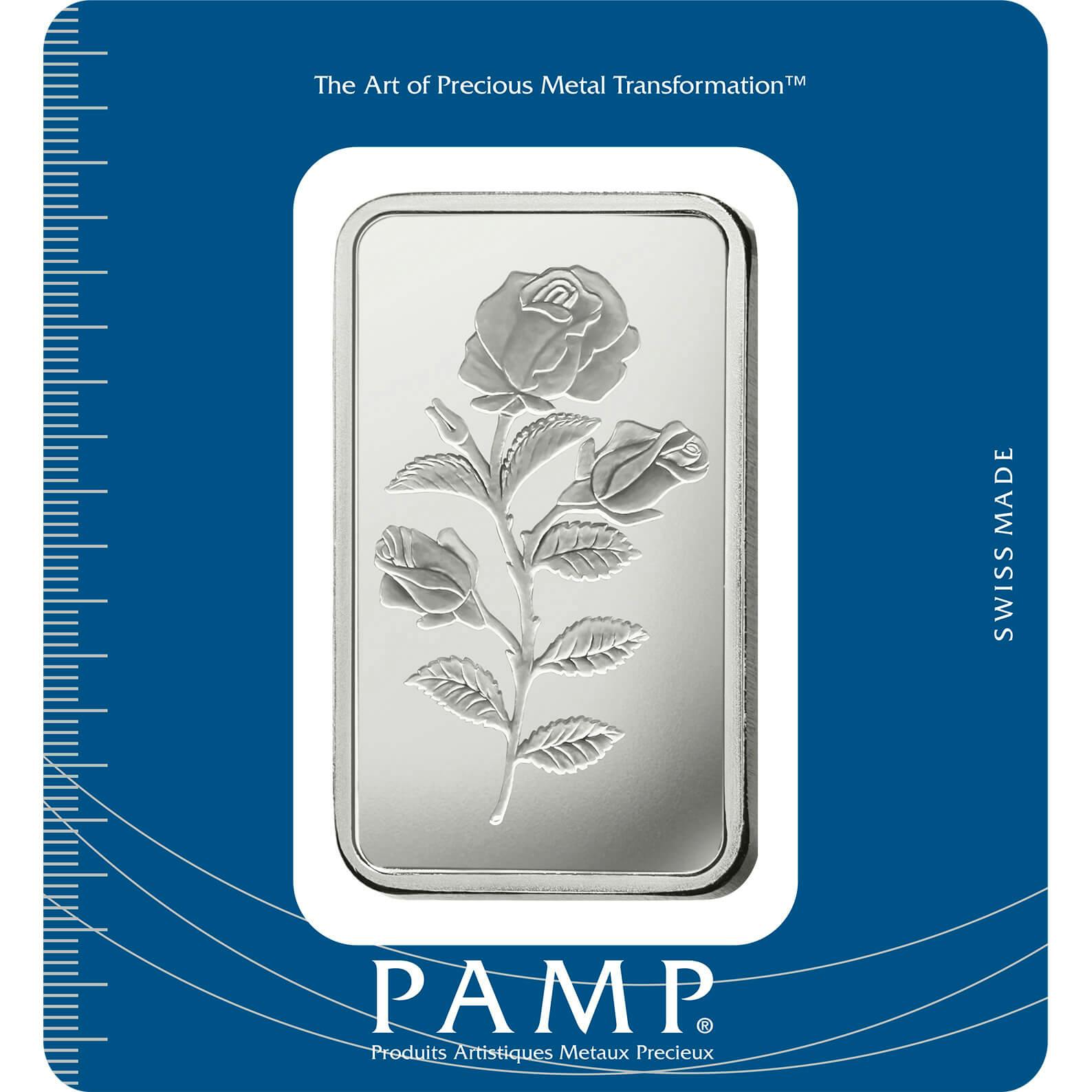 Investire in 100 grammi d'argento puro Rosa - PAMP Svizzera - Pack Front