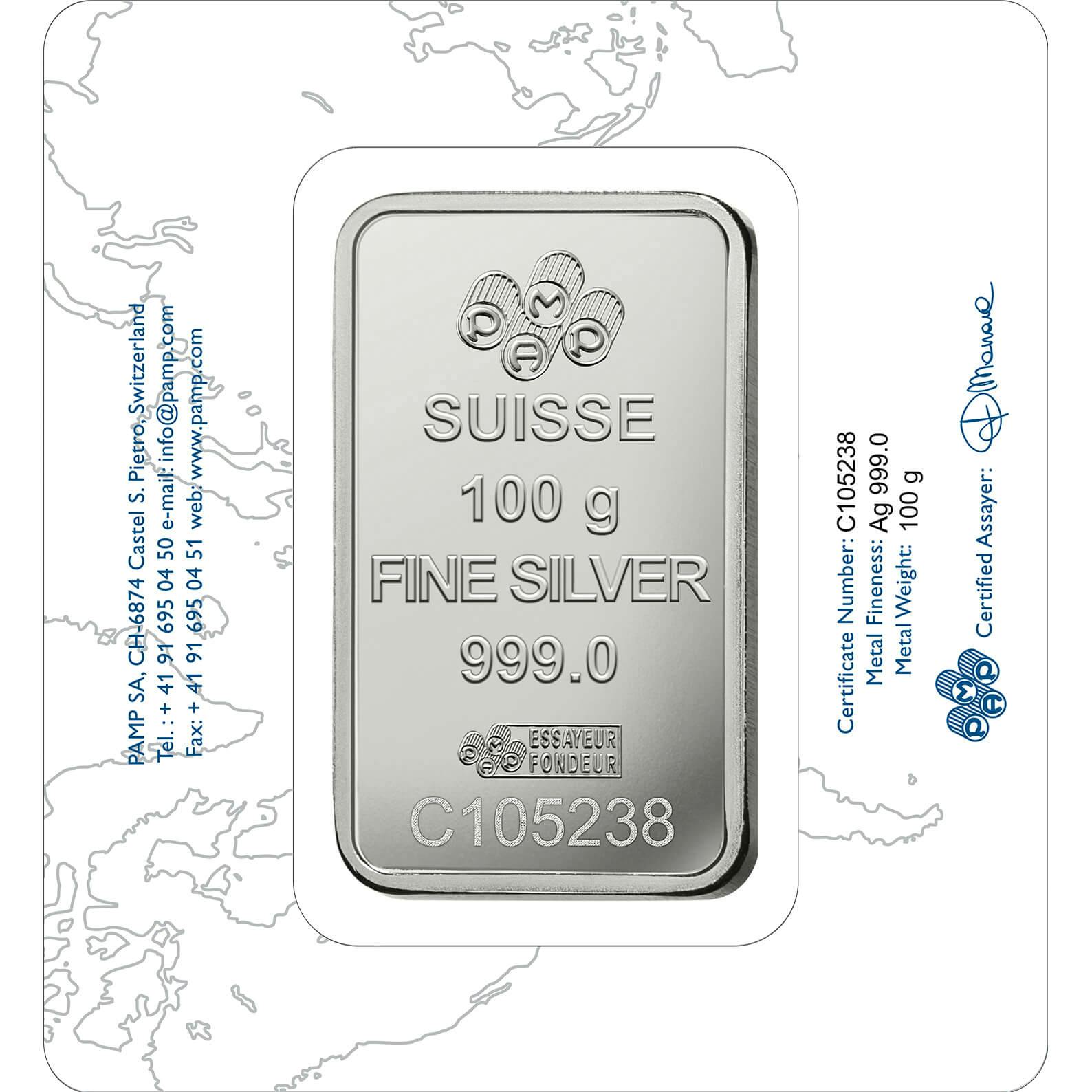 Invest in 100 gram Fine Silver Rosa - PAMP Swiss - Back