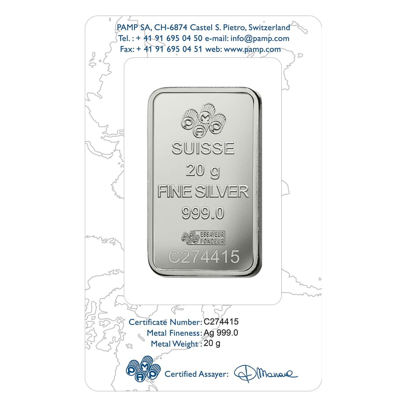 Invest in 20 gram Fine Silver Rosa - PAMP Swiss - Back