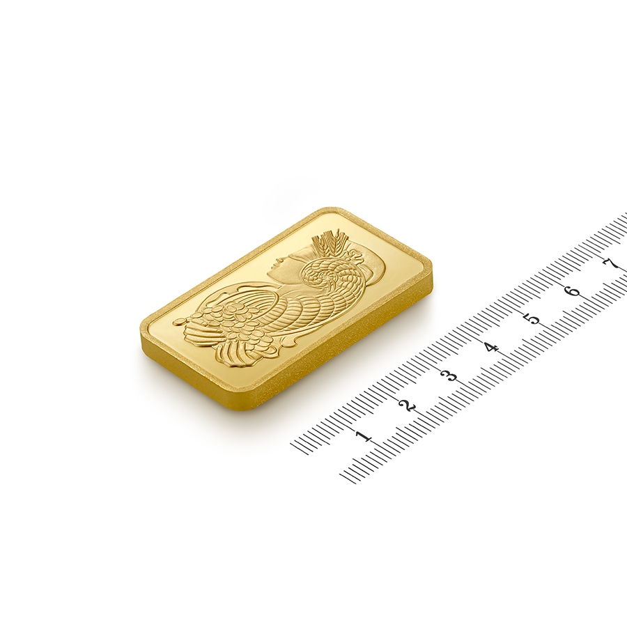 Investire in 100 grammi lingottino d'oro puro 999.9 - PAMP Suisse Lady Fortuna - Ruler view
