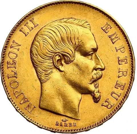 Moneta d'oro puro 900.0 - 50 franchi Napoleone III, Testa nuda 1855 A Parigi