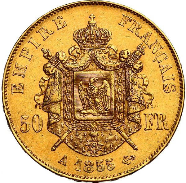 Invest in 50 Francs Napoléon III, Tête Nue 1855 A Paris - French Mint - Back