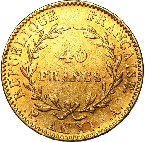 investir dans l'or 40 Francs Napoléon Bonaparte Premier Consul An XI - French Mint - Back