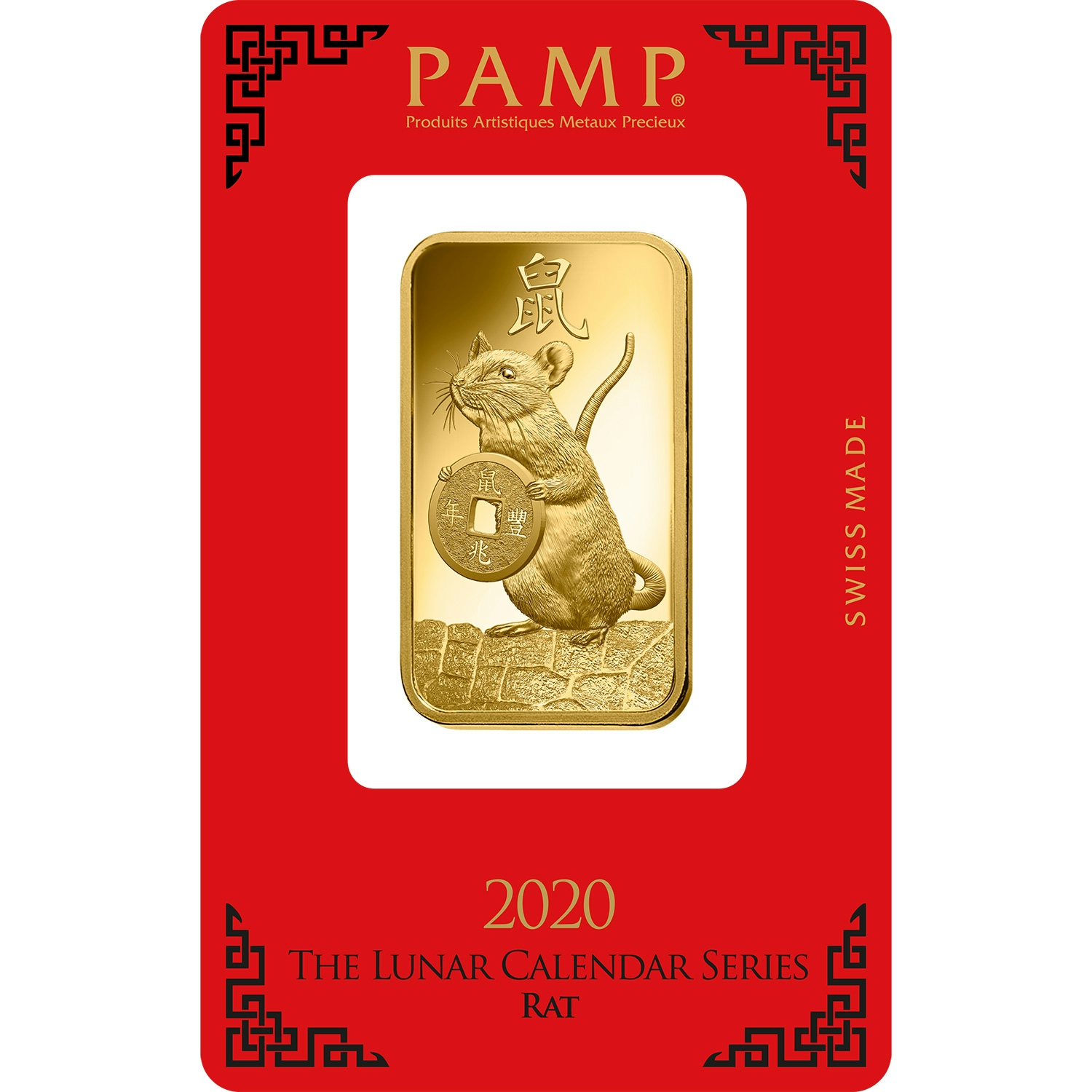investir dans l'or, 1 once Lingotin, Lingot d'or pur Lunar Rat - PAMP Suisse - Pack Front