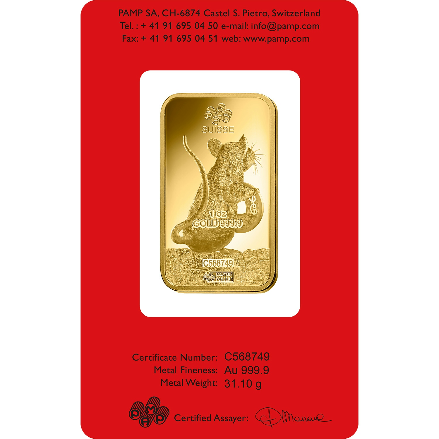 investir dans l'or, 1 once Lingotin, Lingot d'or pur Lunar Rat - PAMP Suisse - Back
