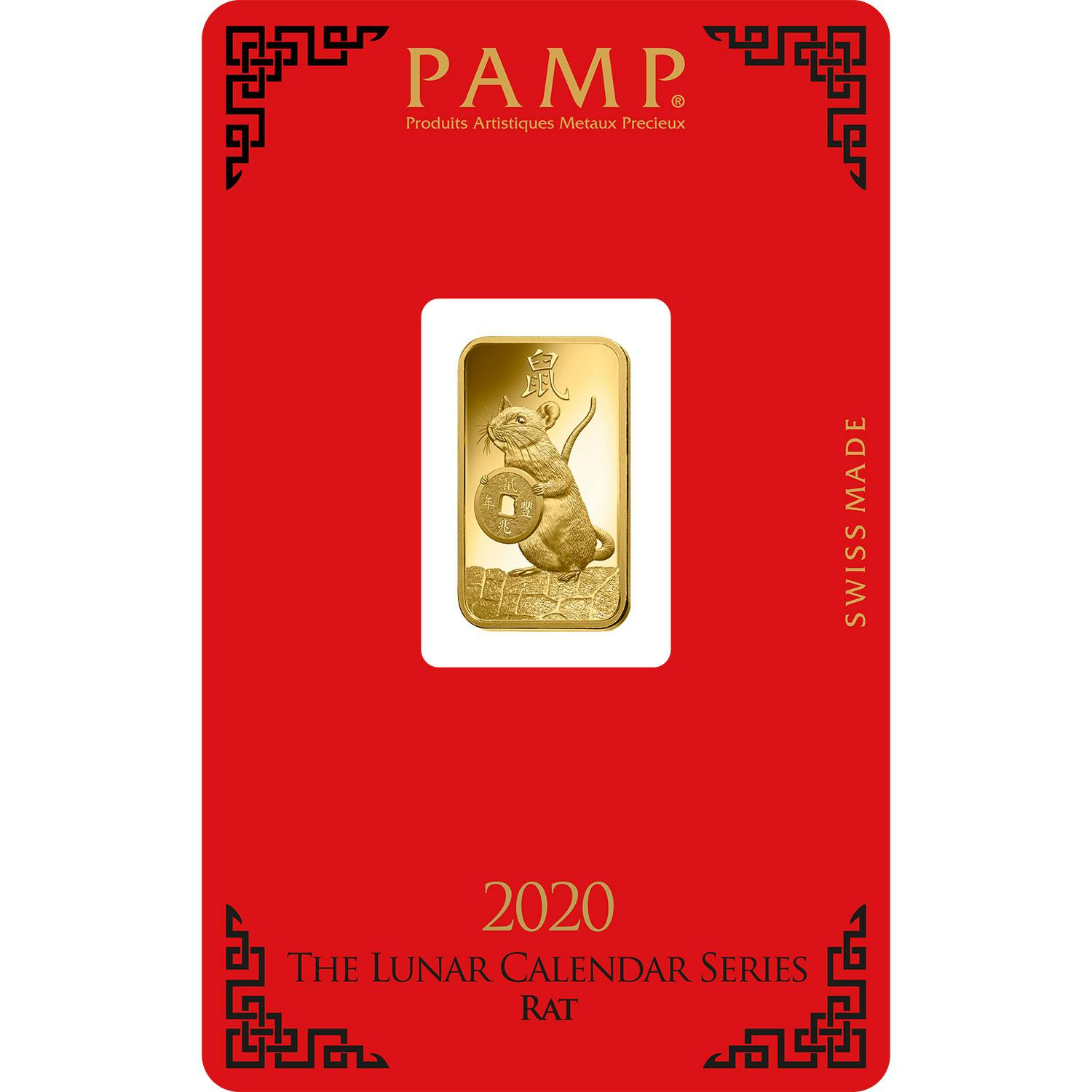 investir dans l'or, 5 gram Lingotin, Lingot d'or pur Lunar Rat - PAMP Suisse - Pack Front