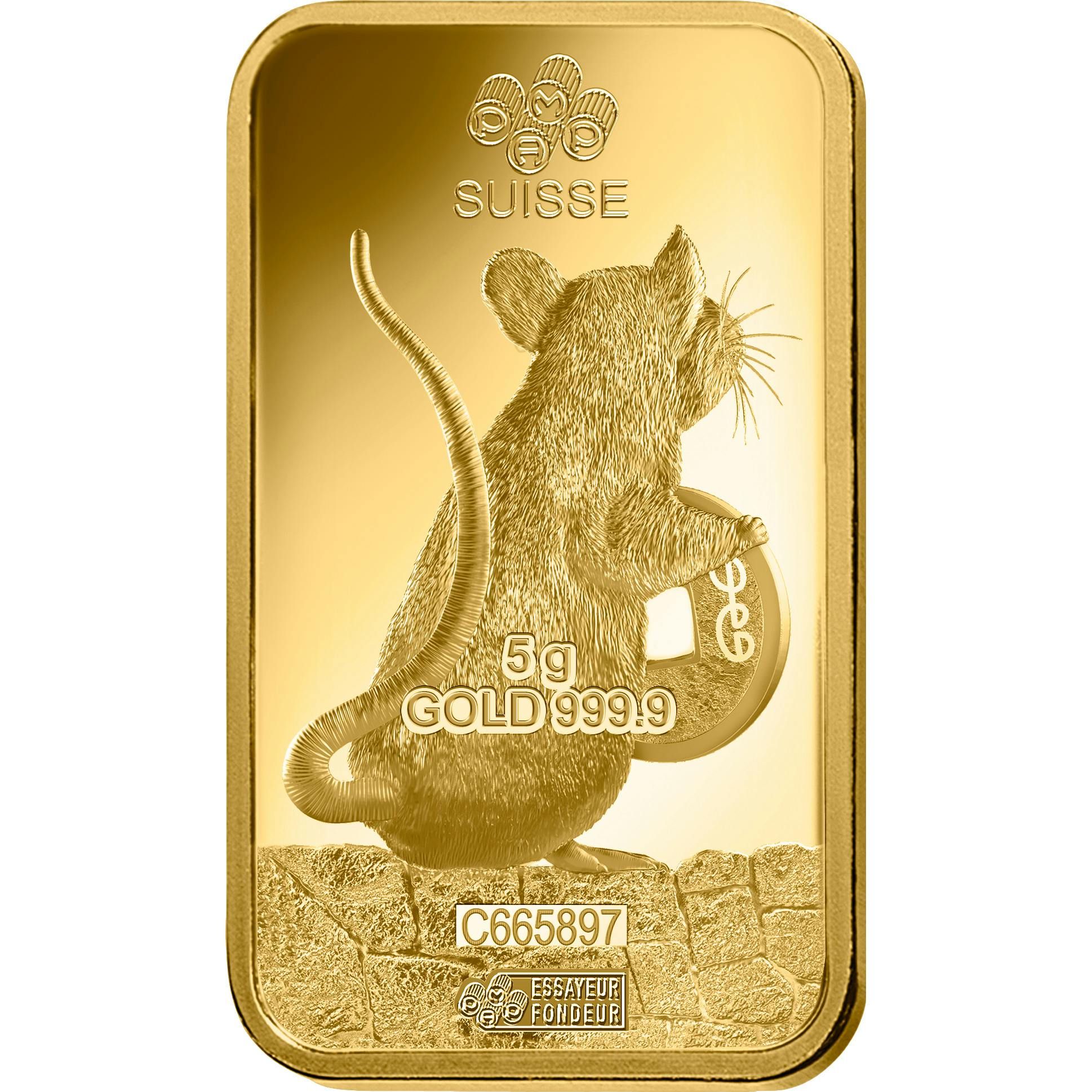 investir dans l'or, 5 gram Lingotin, Lingot d'or pur Lunar Rat - PAMP Suisse - Back