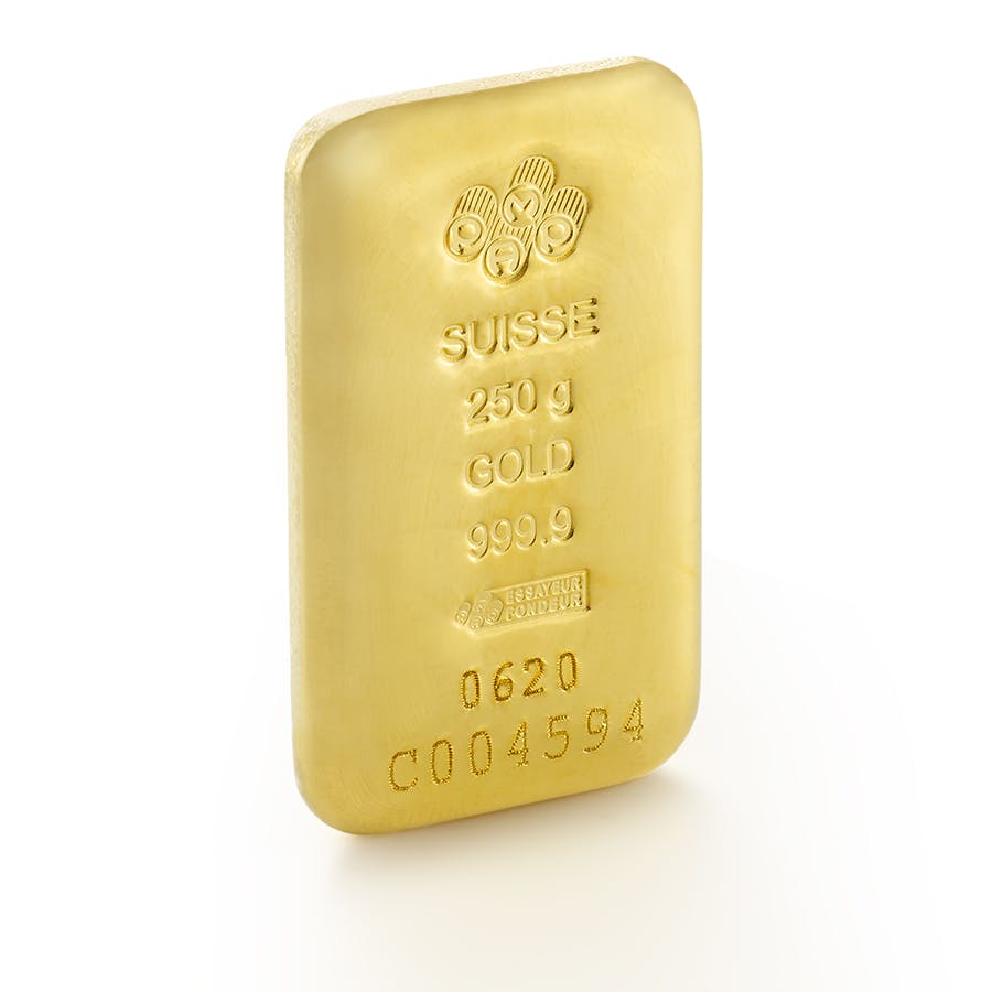Invest in 250 grams Fine gold Cast Bar - PAMP Swiss - 3/4 view