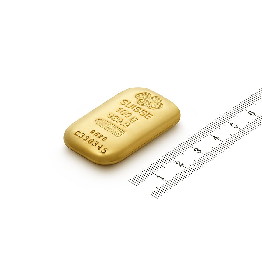 Purchase 100 grams Fine gold Cast Bar - PAMP Swiss - Ruler view