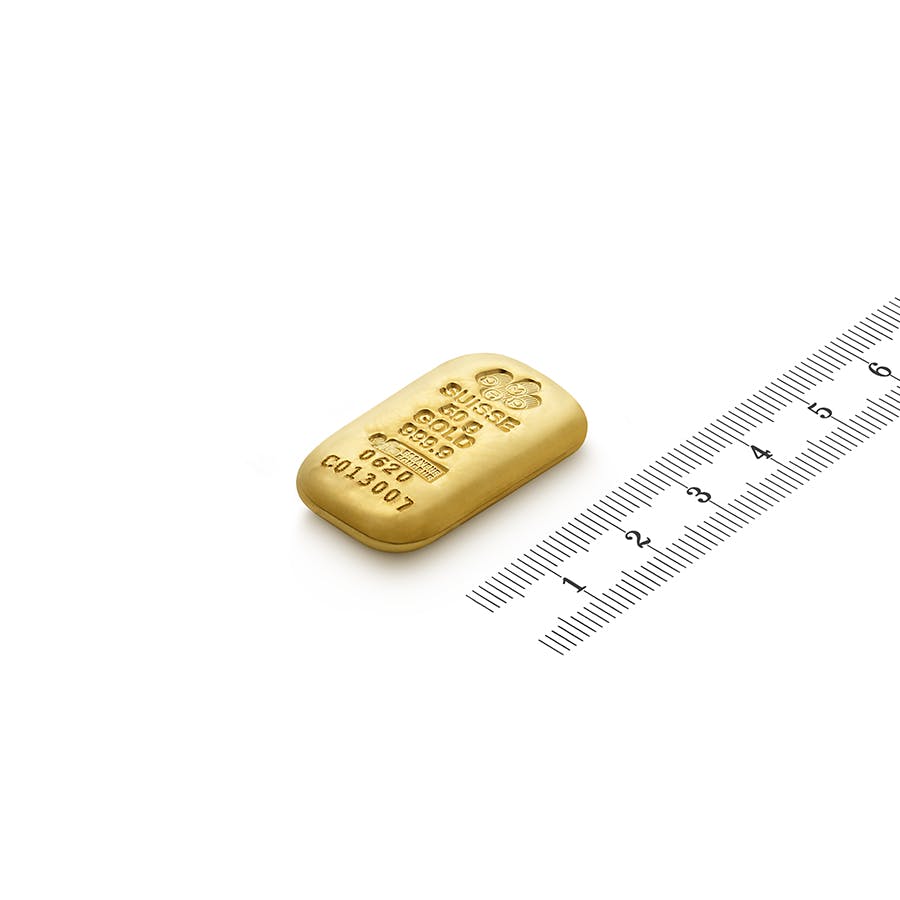 investir dans l'or, 50 grammes Lingot d'or pur - PAMP Suisse - Ruler view