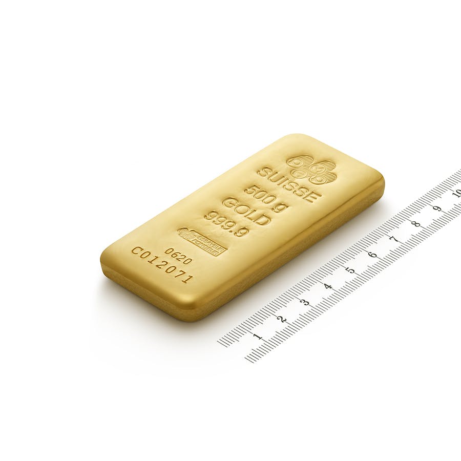 Invest in 500 grams Fine gold Cast Bar - PAMP Swiss - Ruler view
