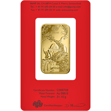 The obverse side of the PAMP Suisse Lunar Ox gold bar in custom red packaging