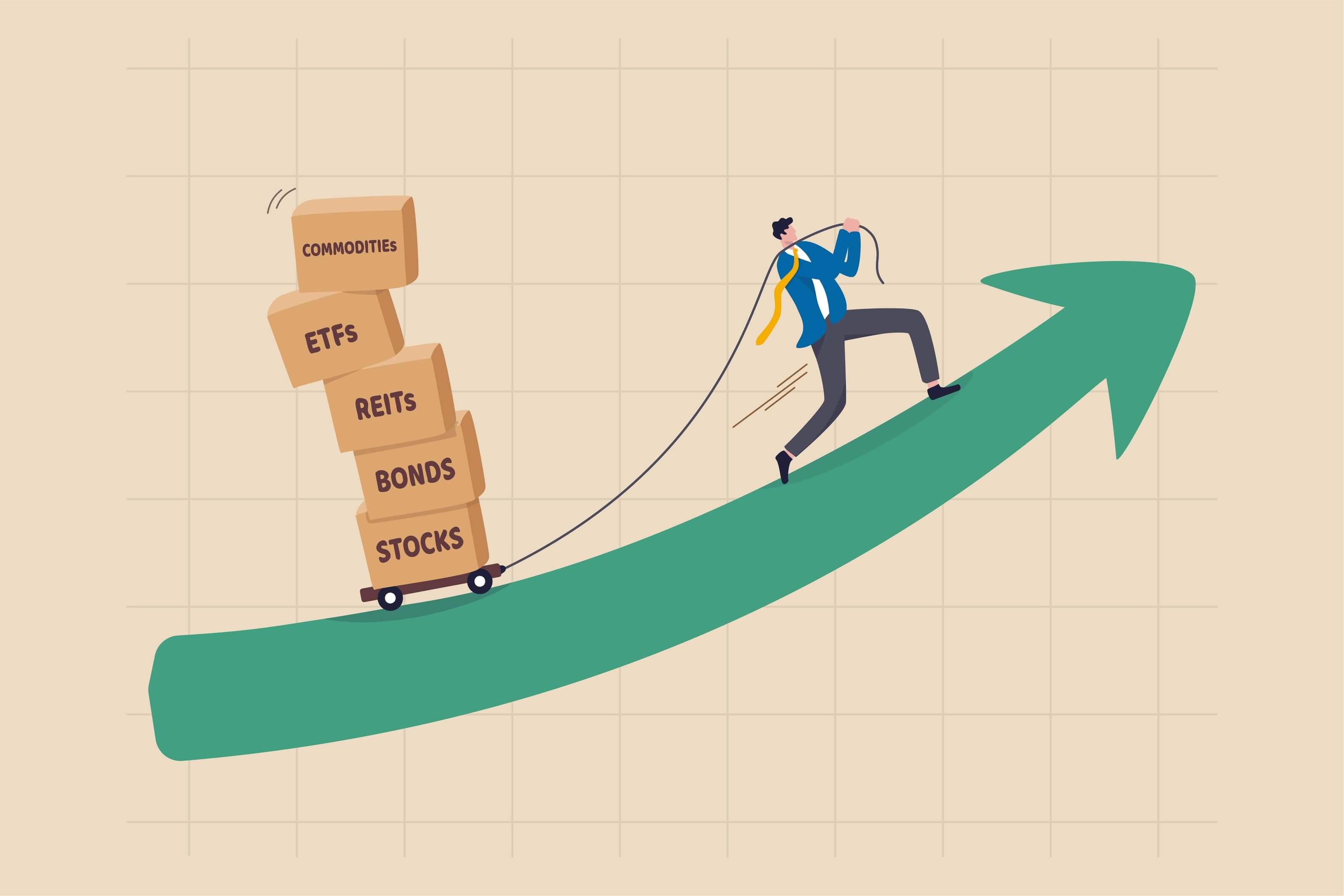 Diversificare i propri investimenti come mostrato nell'immagine di un uomo che scala una freccia verde e trascina i suoi investimenti. Diversificare i propri investimenti come mostrato nell'immagine di un uomo che scala una freccia verde e trascina i suoi investimenti.