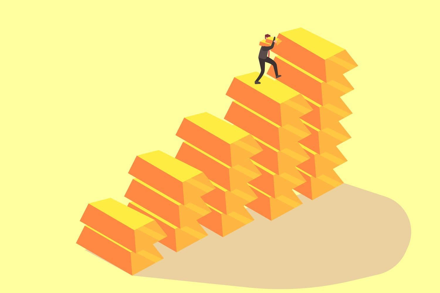 le prix de l'or a failli atteindre son record historique en mars, sous l'effet de la crise géopolitique provoquée par la guerre en Ukraine représenté ici par une pile croissante de lingots formant un escalier sur lequel monte une personne habillée en noir portant des lingots d’or. le prix de l'or a failli atteindre son record historique en mars, sous l'effet de la crise géopolitique provoquée par la guerre en Ukraine représenté ici par une pile croissante de lingots formant un escalier sur lequel monte une personne habillée en noir portant des lingots d’or.