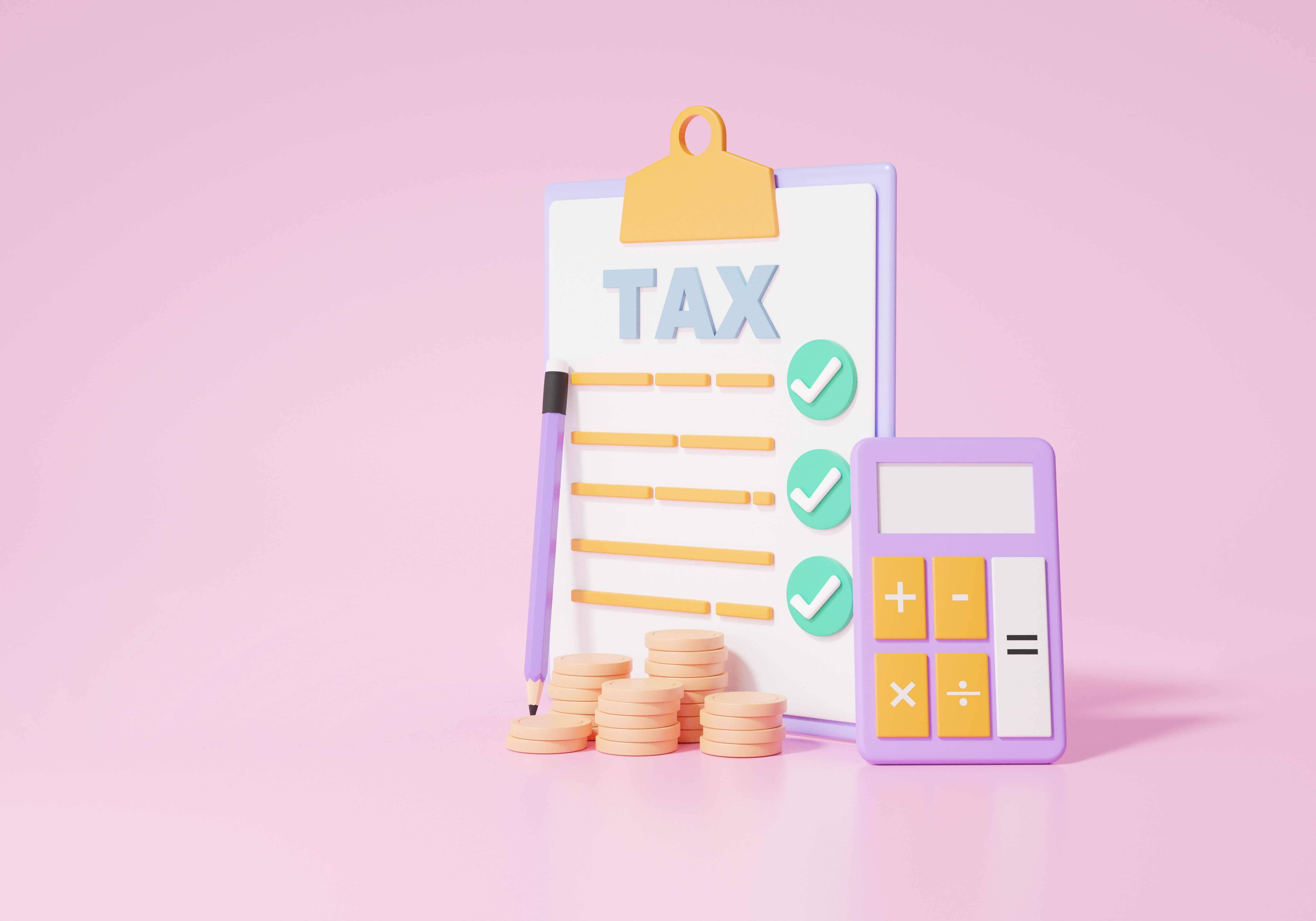 A tax sheet, a pencil, coin stacks and a calculator A tax sheet, a pencil, coin stacks and a calculator