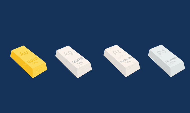Or et autres métaux: quel métal précieux est le plus adapté à votre envie d’investissement? Les lingots d'argent, d'or, de platine et de palladium sur fond bleu