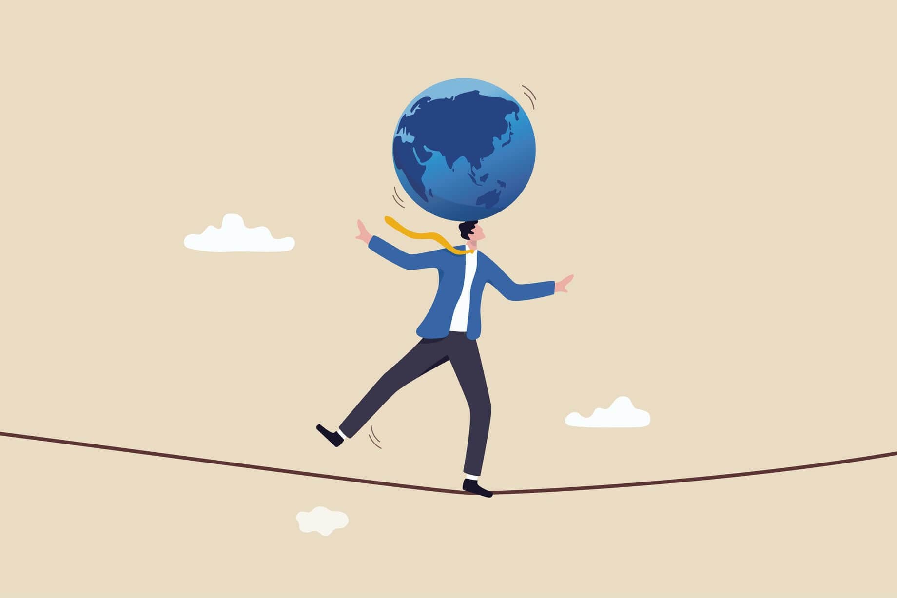 Le tensioni geopolitiche attuali e, potenzialmente, future stanno influenzando la domanda di oro da parte degli investitori facendone salire il prezzo, come mostra questa vignetta che rappresenta un uomo in equilibrio su una corda mentre tiene sulla testa il globo terrestre. Le tensioni geopolitiche attuali e, potenzialmente, future stanno influenzando la domanda di oro da parte degli investitori facendone salire il prezzo, come mostra questa vignetta che rappresenta un uomo in equilibrio su una corda mentre tiene sulla testa il globo terrestre.