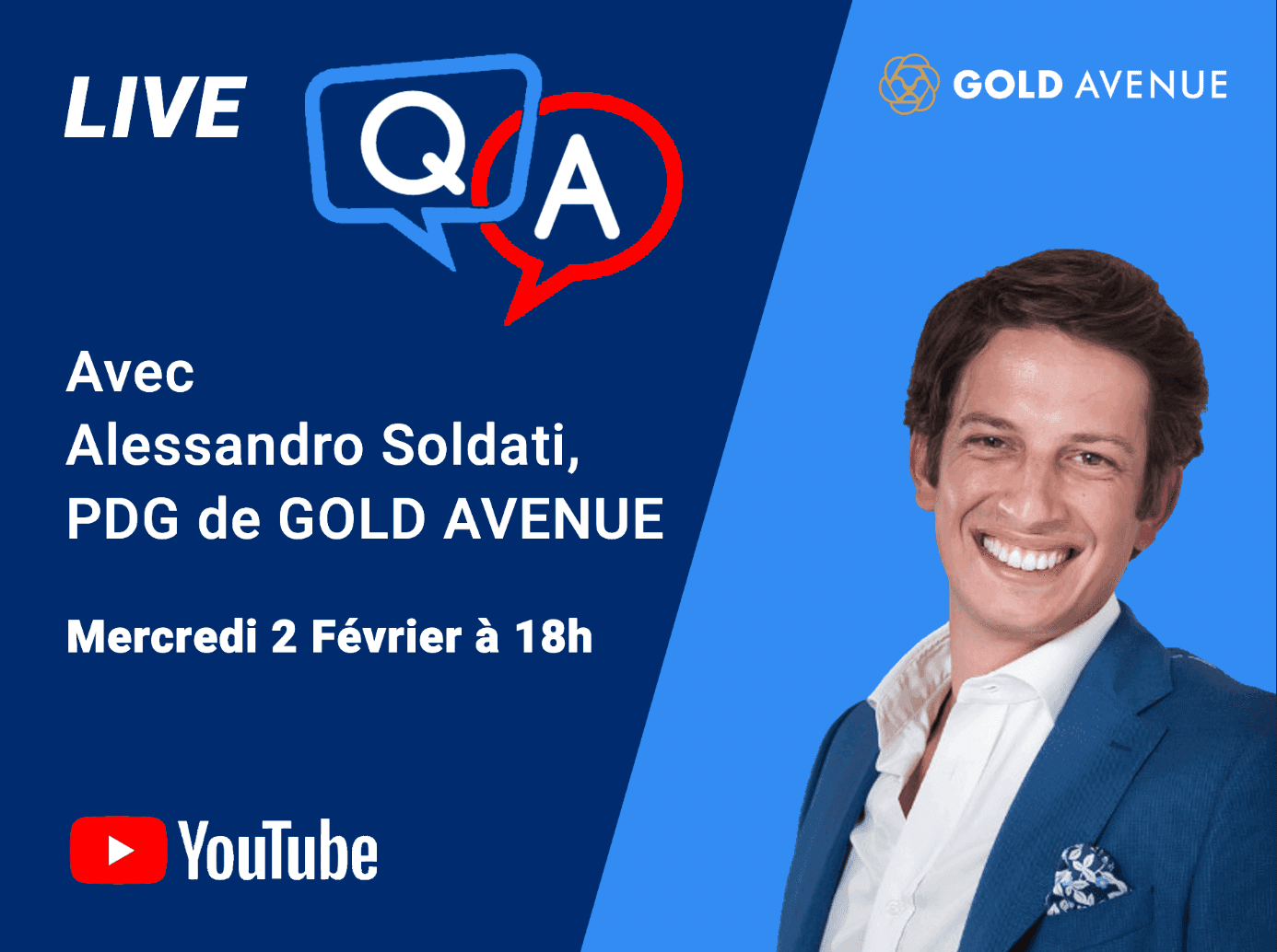 Q&A avec notre CEO - Alessandro Soldati Alessandro Soldati, PDG de GOLD AVENUE avec un fond bleu
