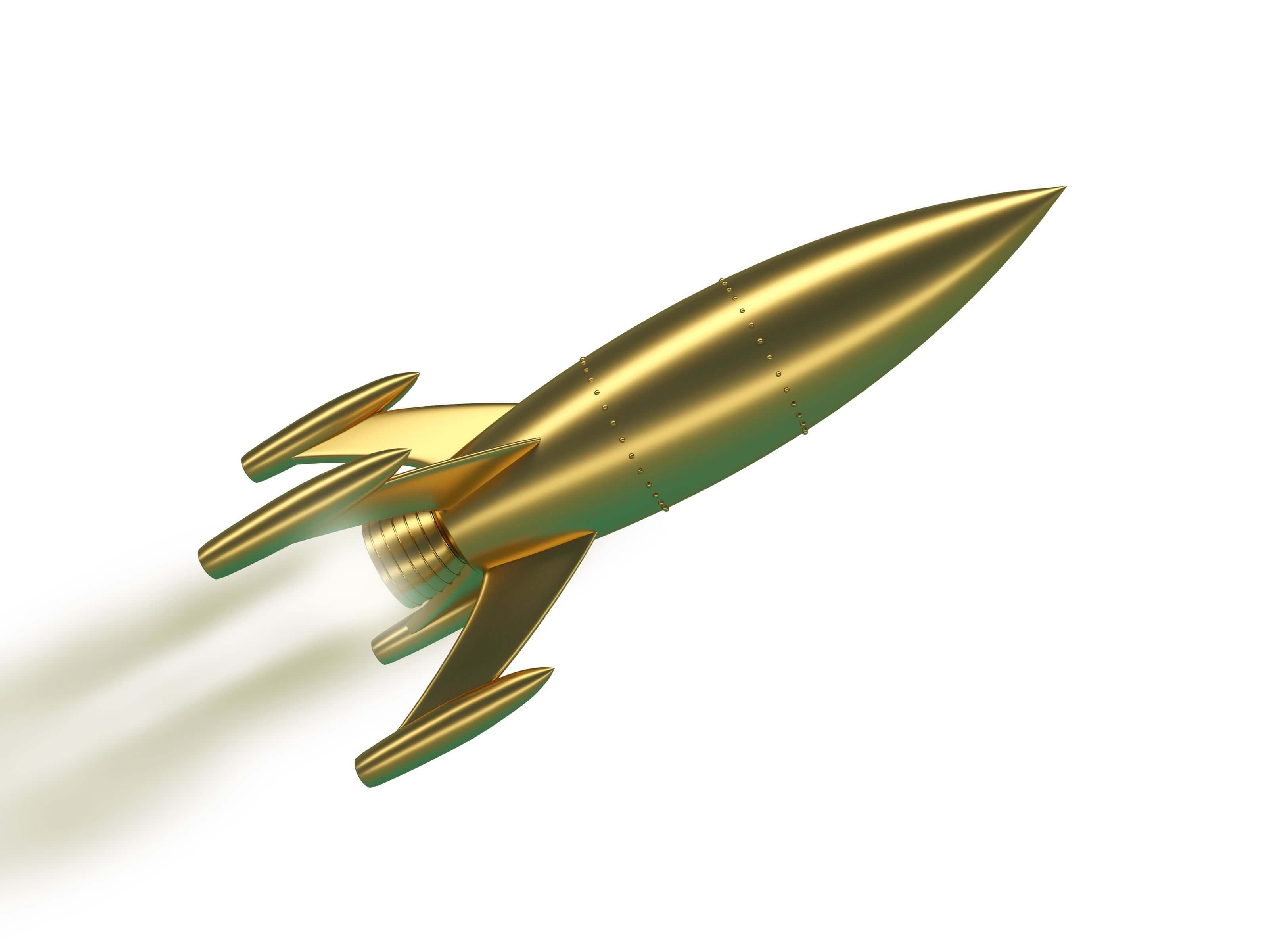 Investitionen in physisches Gold im Jahr 2022, dargestellt in Form einer goldenen Rakete, die nach oben steigt Investitionen in physisches Gold im Jahr 2022, dargestellt in Form einer goldenen Rakete, die nach oben steigt