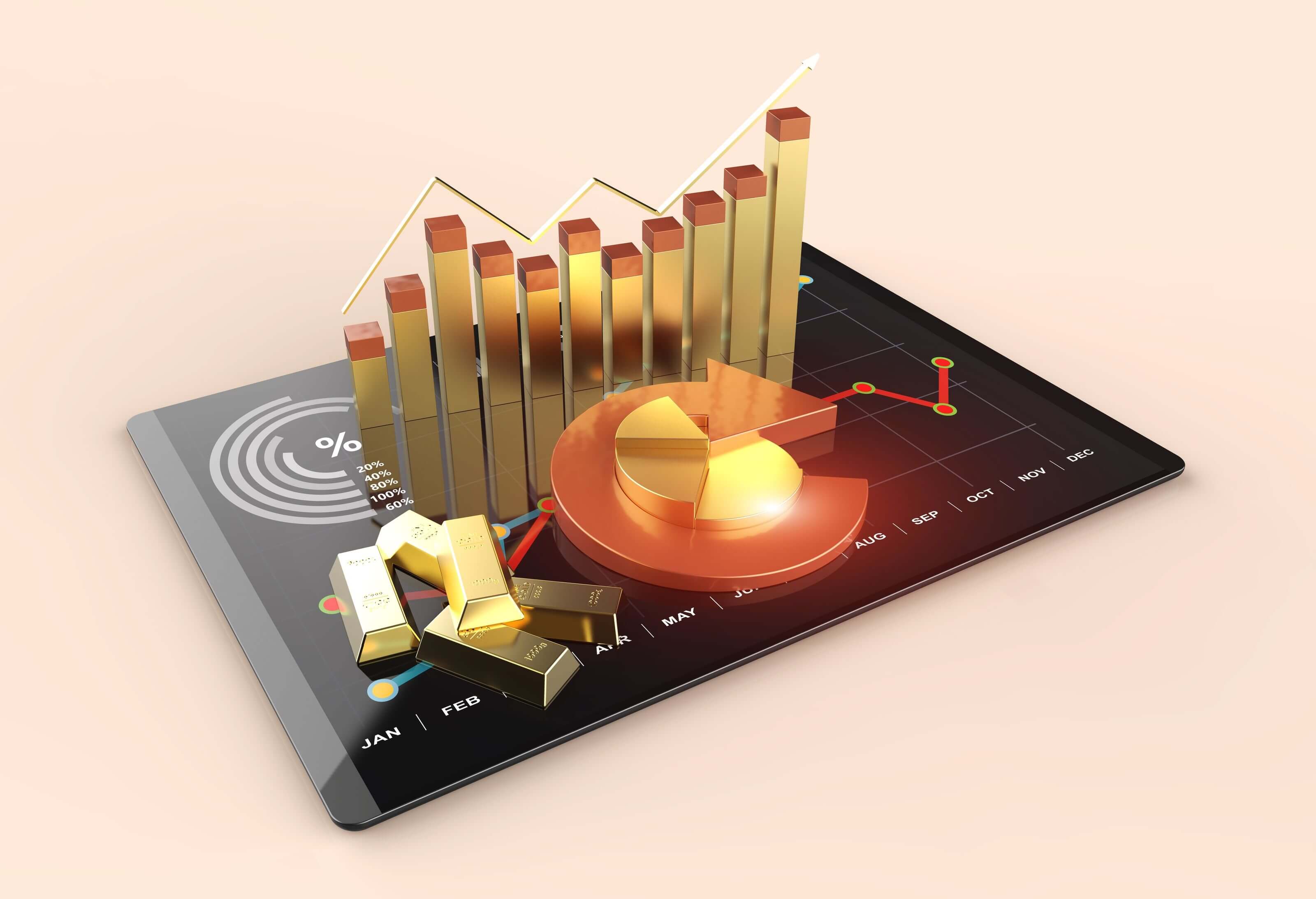 Die Goldnachfrage der Investoren boomt derzeit: Hier ist der Grund Boom bei der Goldnachfrage der Investoren, dargestellt in einem goldenen Diagramm und physischen Goldbarren