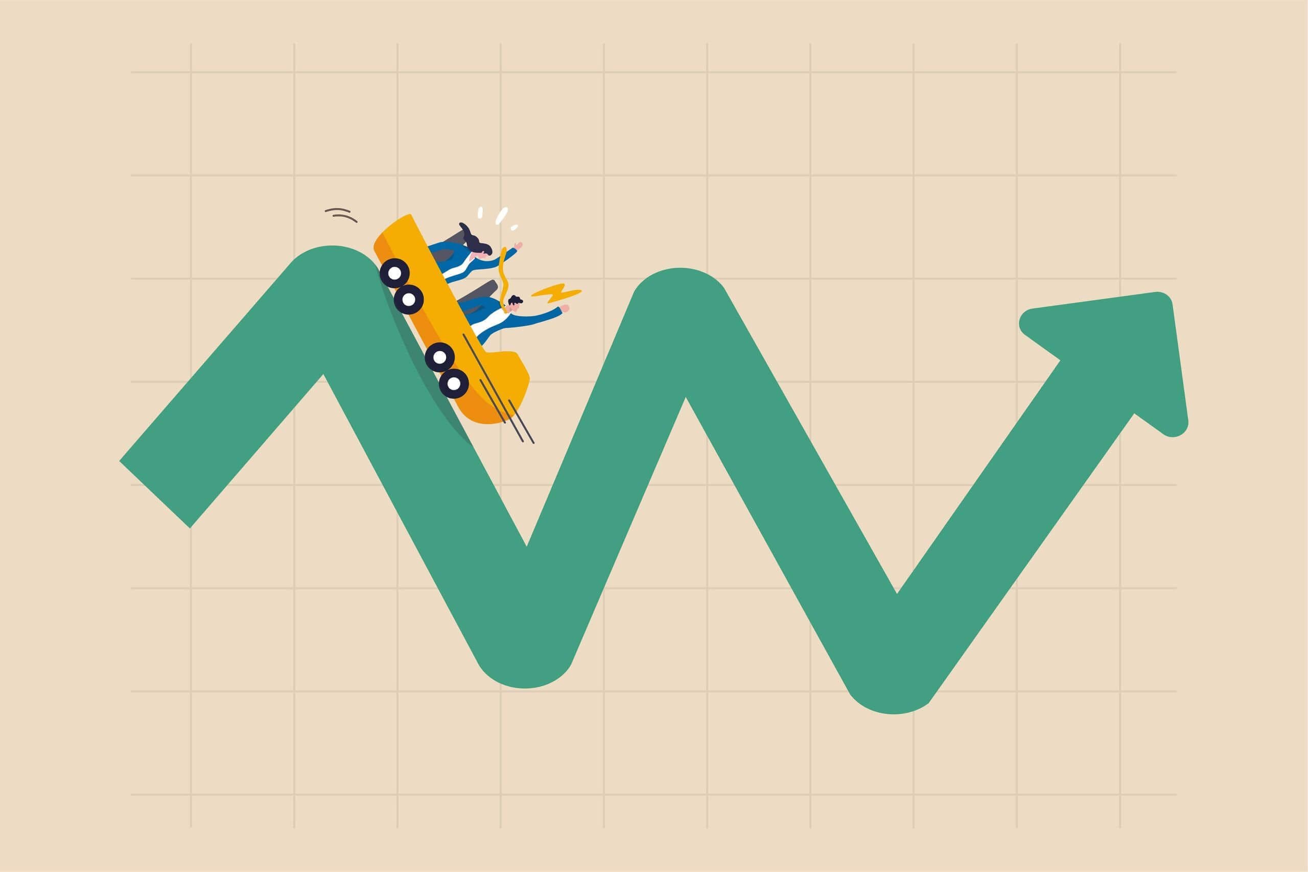 Un’automobile gialla che cavalca un grafico fluttuante verde che rappresenta i prezzi oscillanti dell’oro. Un’automobile gialla che cavalca un grafico fluttuante verde che rappresenta i prezzi oscillanti dell’oro.
