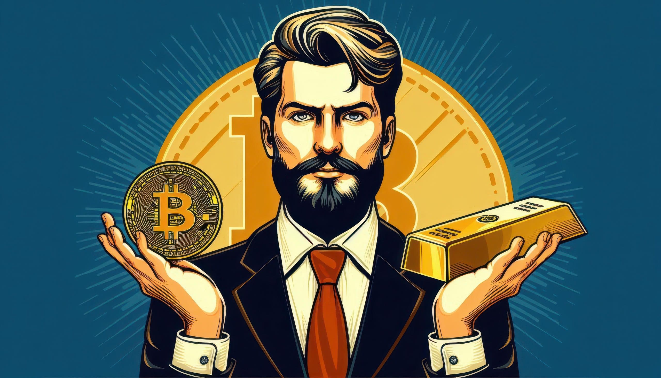 un homme portant un bitcoin et un lingot dans chaque main un homme portant un bitcoin et un lingot dans chaque main