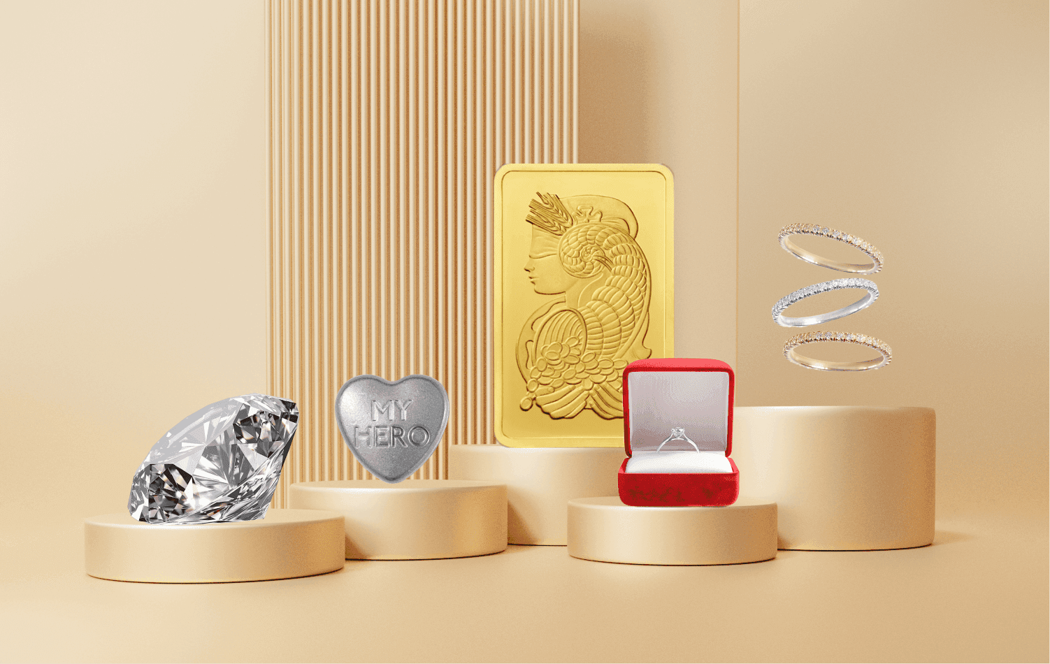 Die 7 teuersten Schmuckstücke der Welt Lady Fortuna-Goldbarren, Cartier-Liebesringe, Verlobungsring in Tiffany-Fassung und ein Diamant auf beigem Hintergrund.