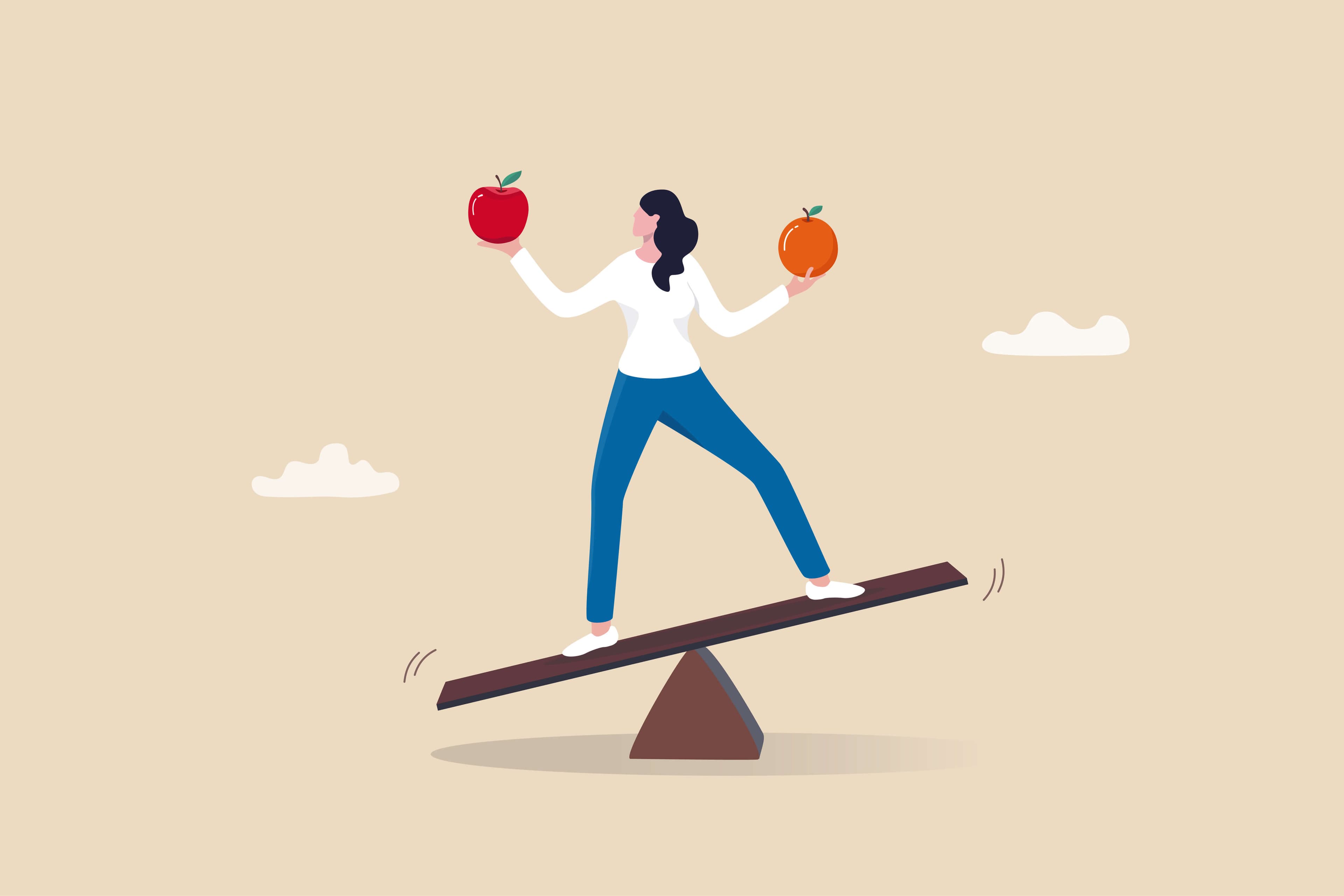 A woman standing on the balance and comparing an orange and an apple A woman standing on the balance and comparing an orange and an apple