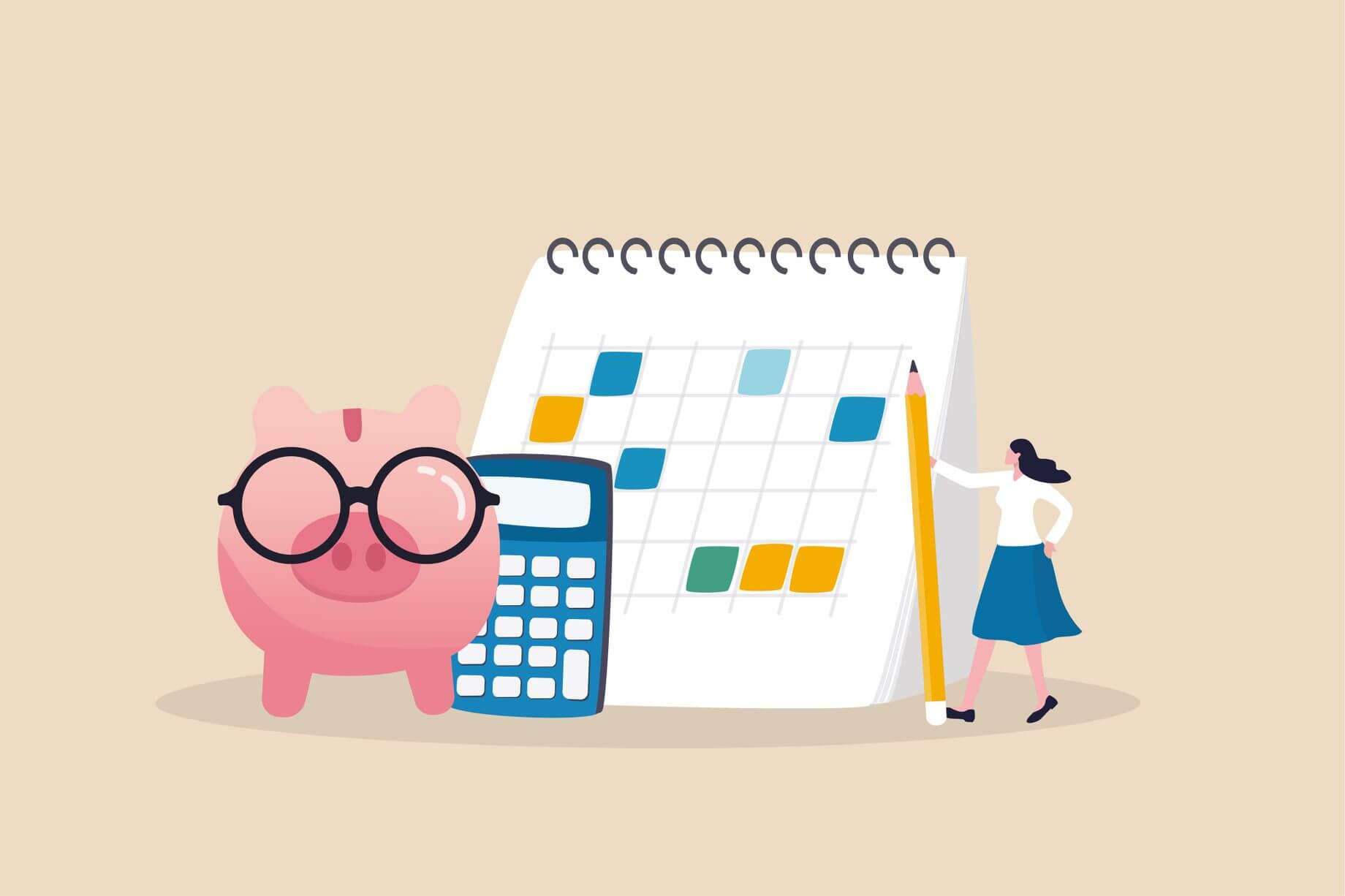 Wie kann man jeden Monat Geld sparen? Ein Foto von einem Sparschwein mit Brille neben einem Taschenrechner, einem Kalender und einem Mädchen in einem blauen Rock, das einen Bleistift hält.