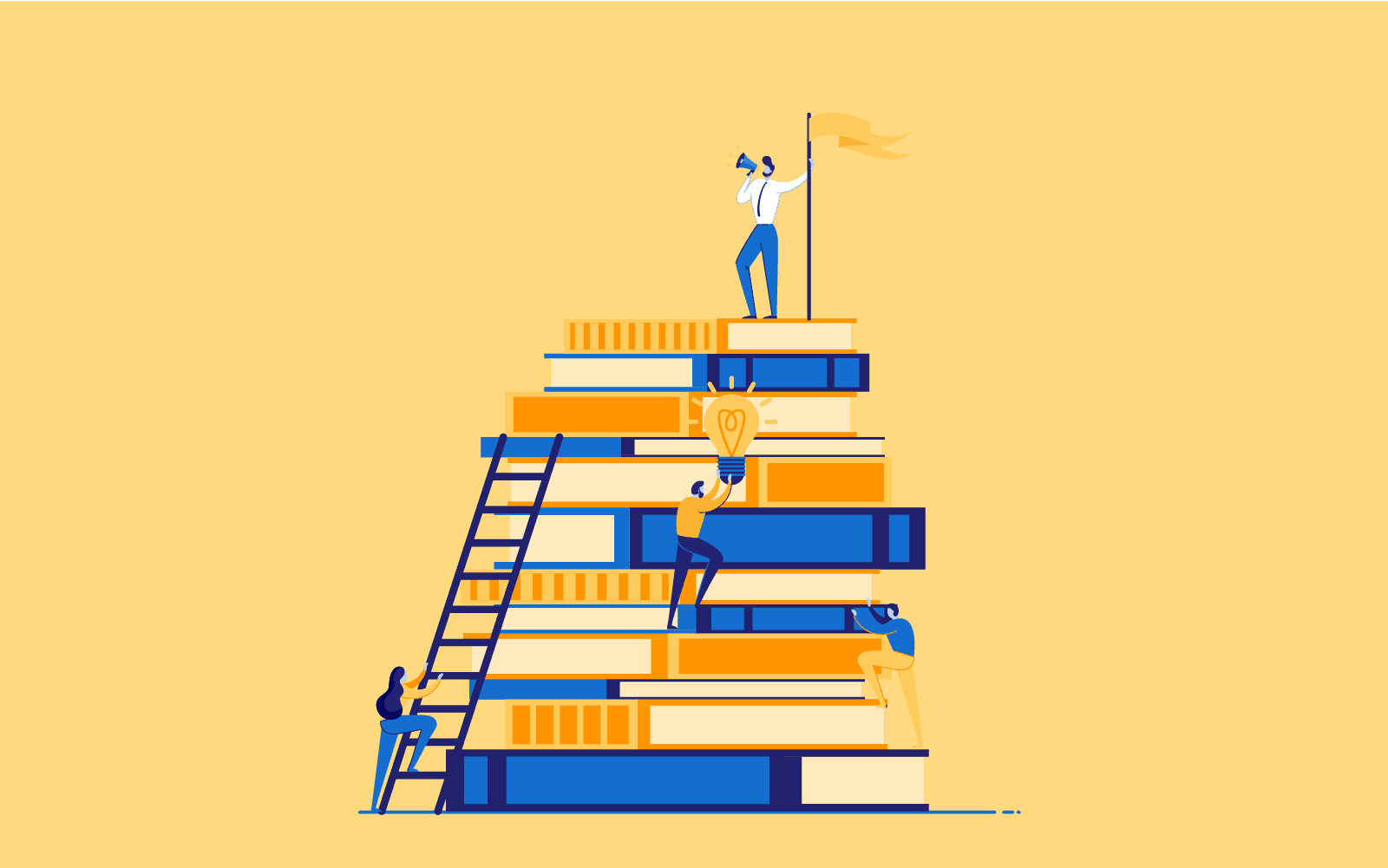How Do You Buy Gold? A Beginner’s Guide cartoon people climbing up a pile of books and carrying a lightbulb to find out the basic rules of buying gold