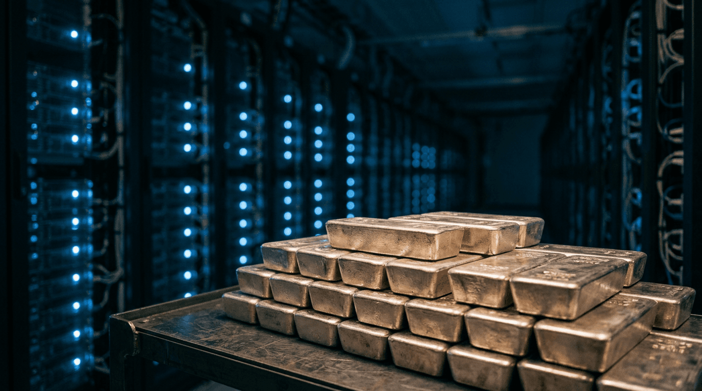 In primo piano, una pila di lingotti d'argento davanti a un corridoio di server rack illuminato da luci LED azzurre in un data center.
