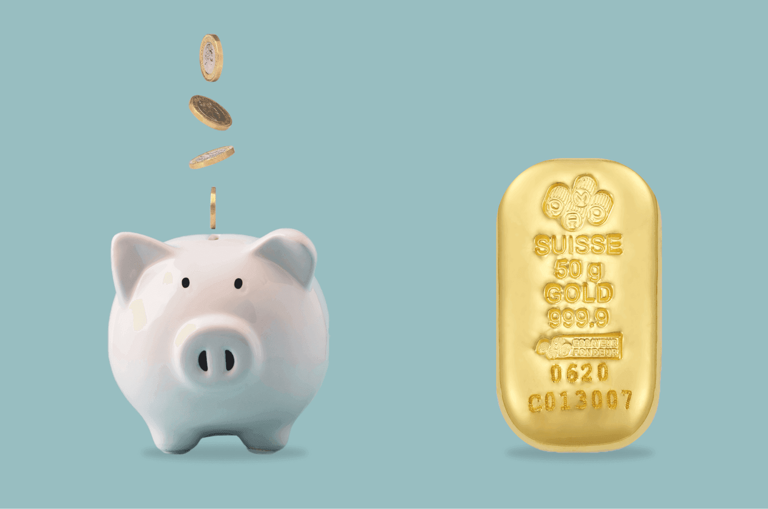 Livret A, or d’investissement: que choisir? une tirelire avec des pièces d'euros en or tombant dedans et une barre d'or PAMP Suisse