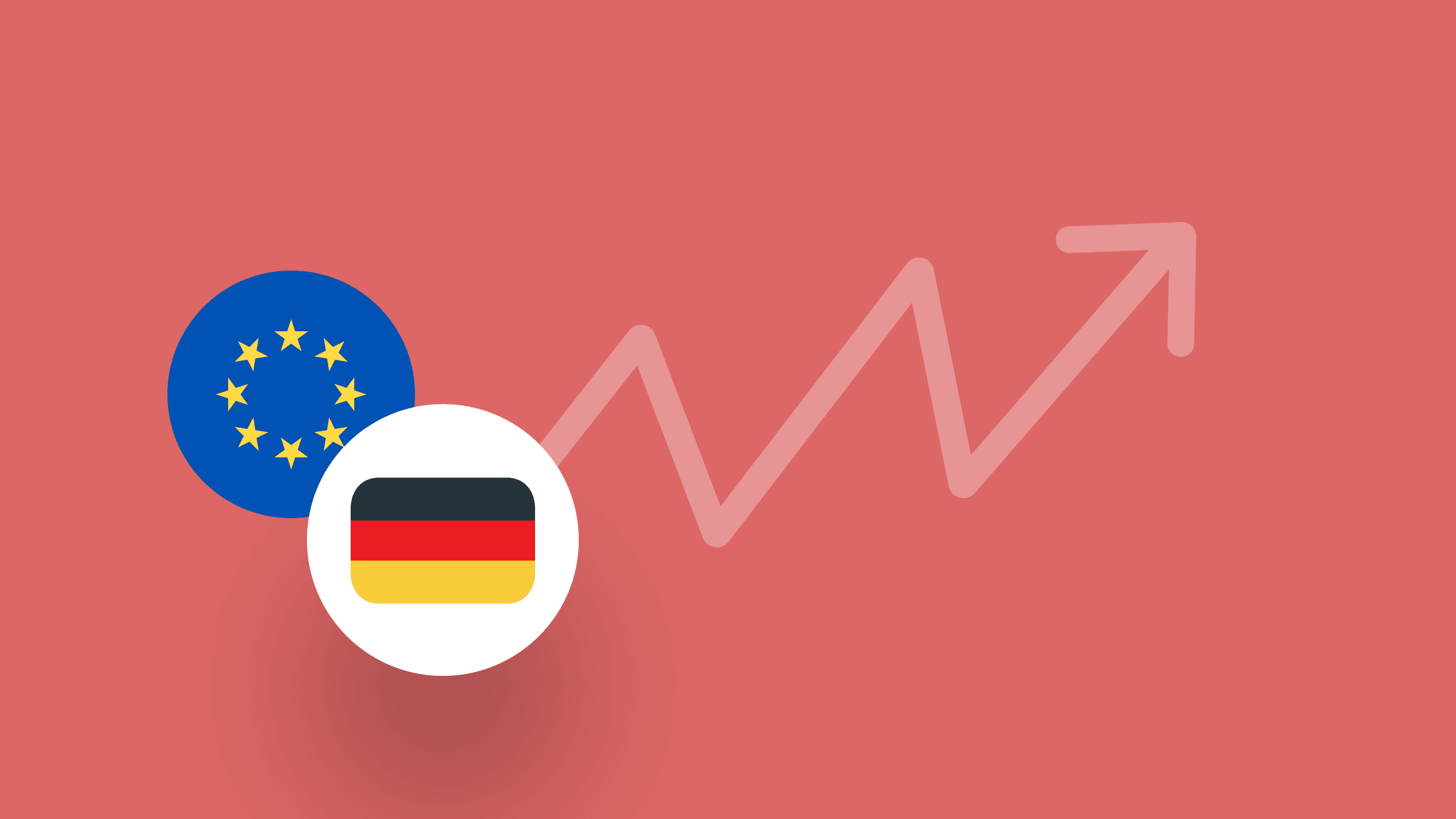 L'actu en bref: Inflation en zone Euro, le Royaume-Uni va mal, volatilité des marchés Drapeau de l'Union européenne et de l'Allemagne sur fond rouge avec une flèche montant représentant l'inflation en hausse en Allemagne et dans la zone euro.