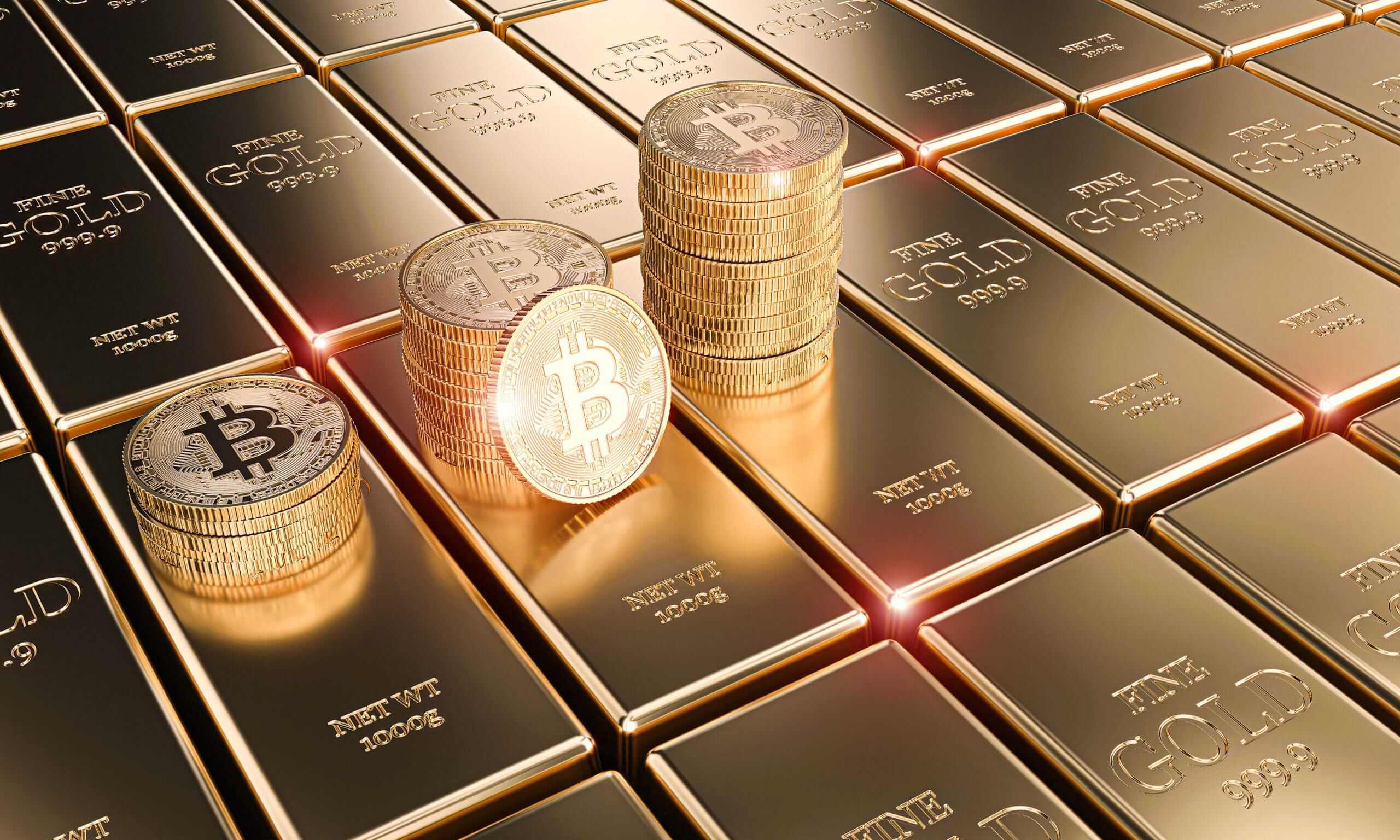 lingots d'or fin surmontés de pièces de bitcoin empilées. lingots d'or fin surmontés de pièces de bitcoin empilées.