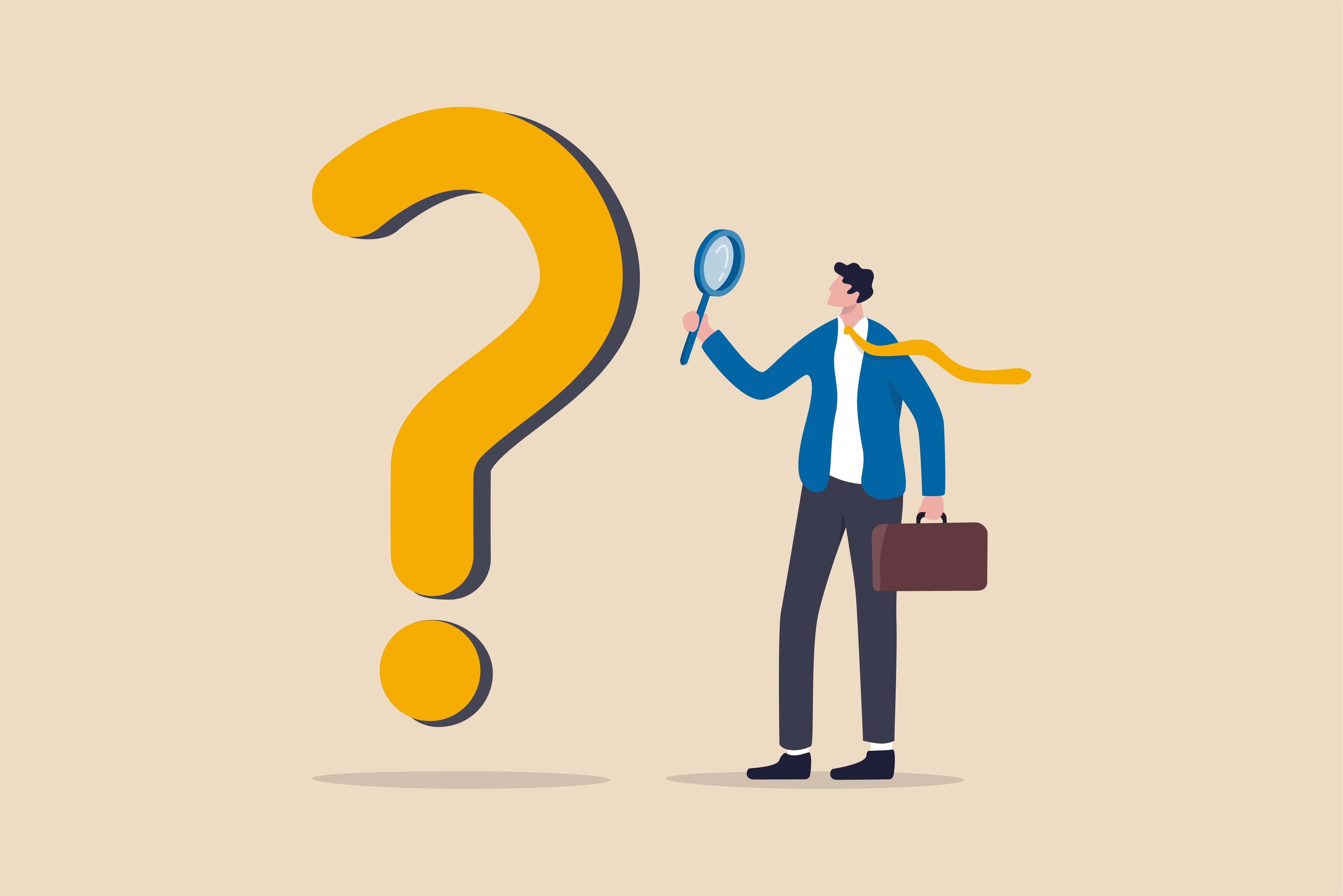 a man with a suitcase looking at a question mark through magnifying glass a man with a suitcase looking at a question mark through magnifying glass