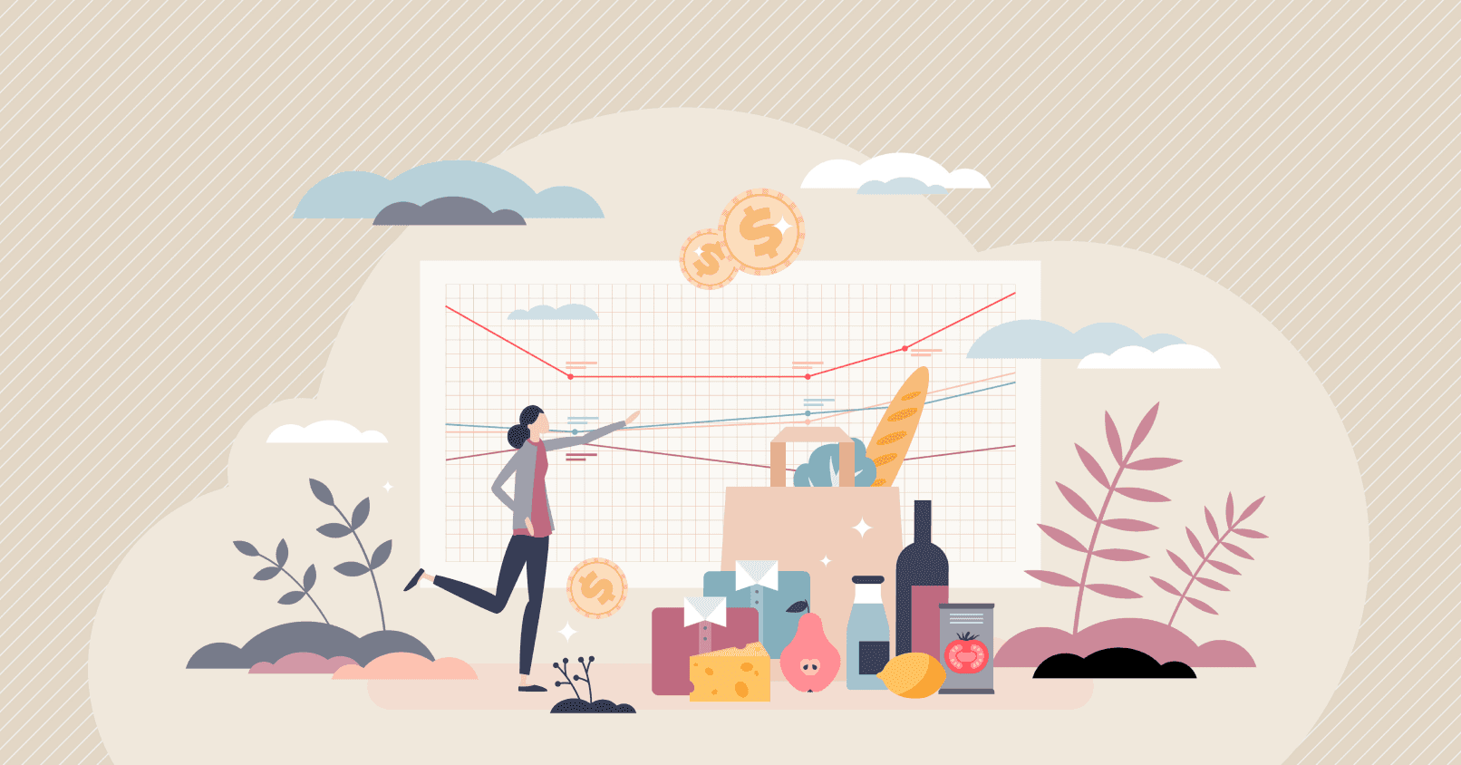 Der Verbraucherpreisindex (VPI) ist das am weitesten verbreitete Maß für die Inflation, das die Veränderung der Preise für häufig gekaufte Waren und Dienstleistungen verfolgt, wie auf dem Bild einer Cartoon-Frau zu sehen ist, die das Inflationsdiagramm mit einer Tüte Lebensmittel an der Seite erklärt Der Verbraucherpreisindex (VPI) ist das am weitesten verbreitete Maß für die Inflation, das die Veränderung der Preise für häufig gekaufte Waren und Dienstleistungen verfolgt, wie auf dem Bild einer Cartoon-Frau zu sehen ist, die das Inflationsdiagramm mit einer Tüte Lebensmittel an der Seite erklärt