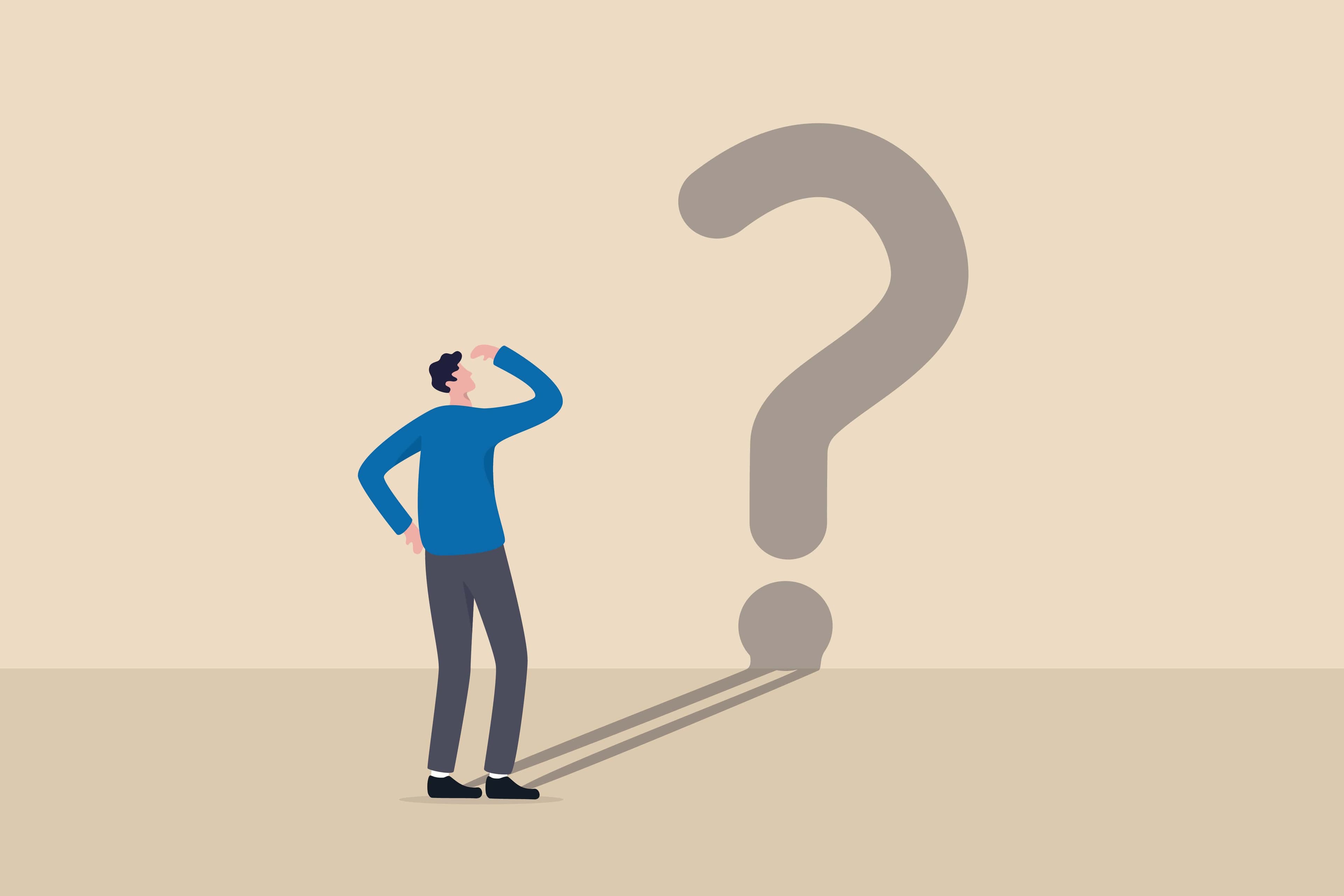 Illustration of a confused man looking at a large question mark shadow on the ground, symbolizing uncertainty or decision-making. Illustration of a confused man looking at a large question mark shadow on the ground, symbolizing uncertainty or decision-making.