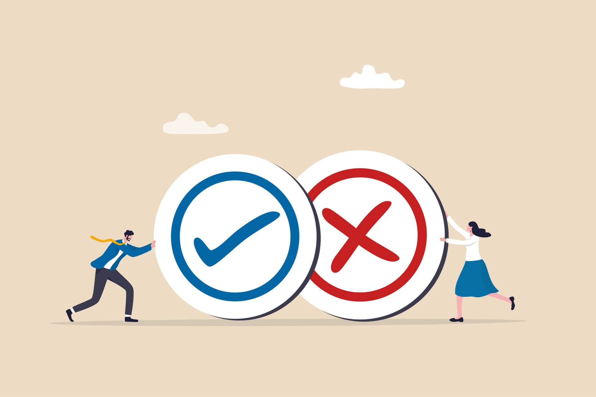 two people pushing "reject" and "accept" signs two people pushing "reject" and "accept" signs