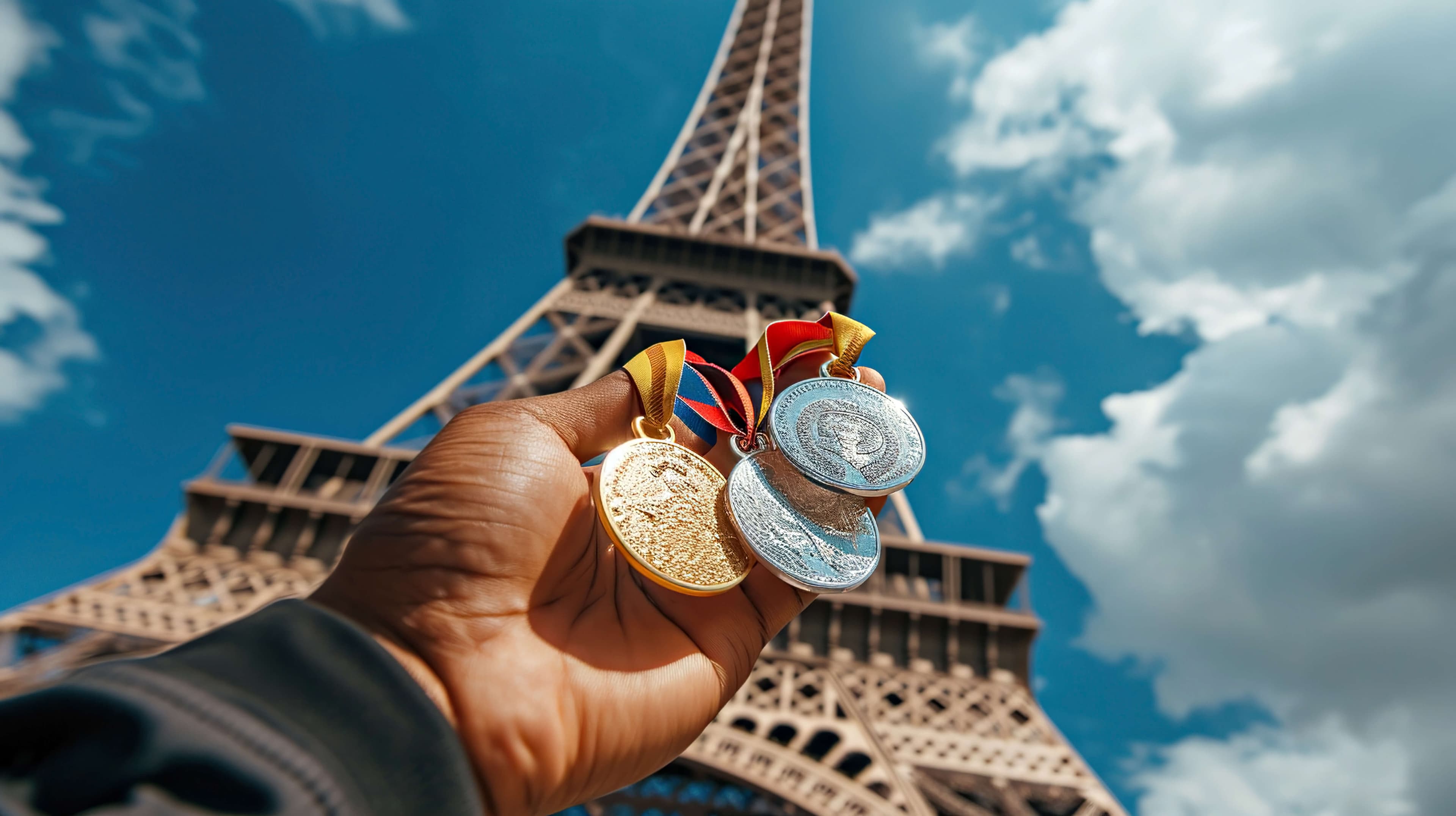 Un uomo con in mano medaglie olimpiche davanti alla Torre Eiffel Un uomo con in mano medaglie olimpiche davanti alla Torre Eiffel