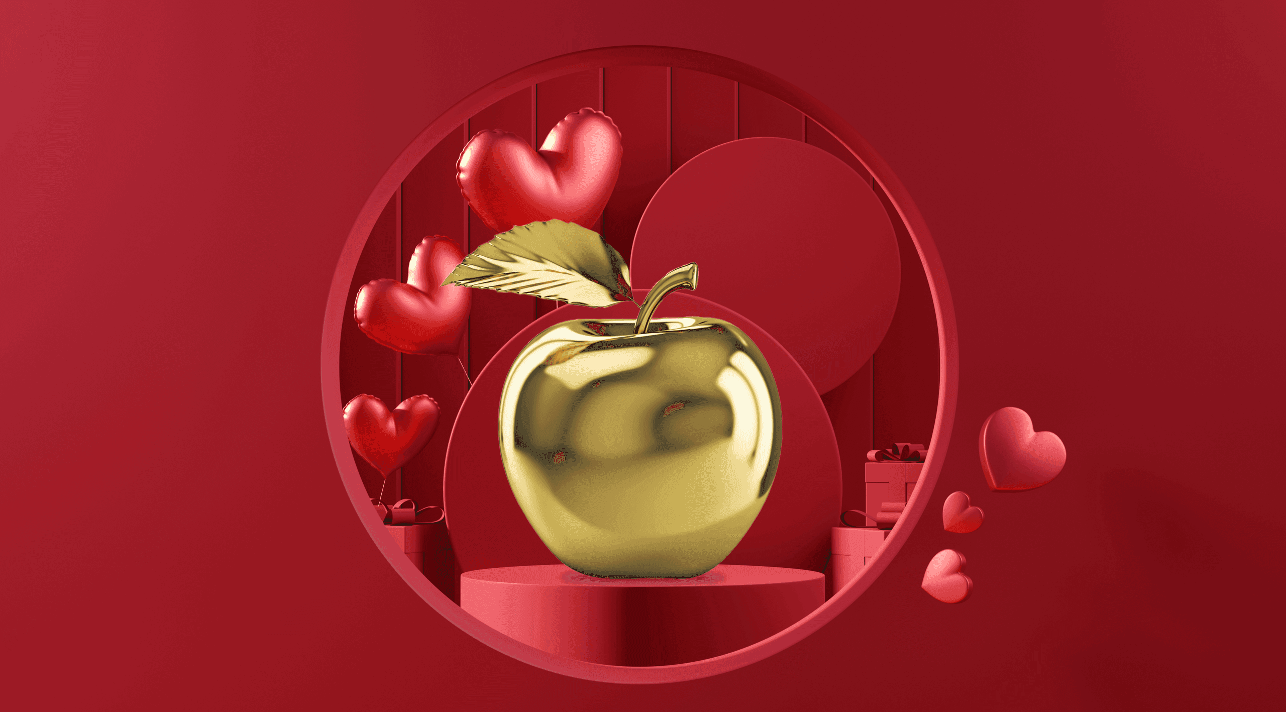 L'or, l'amour et le mythe de la pomme d'or Une pomme en or dans un cercle rouge avec des coeurs dans le fond de l’image