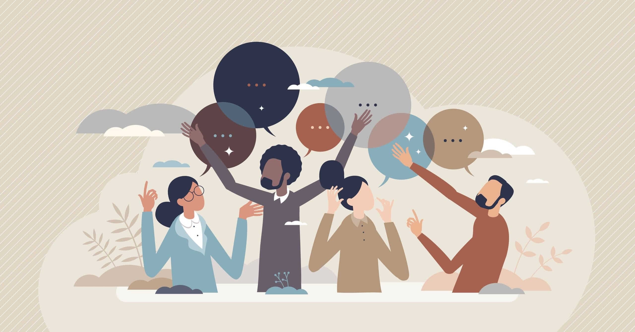 Vignetta con alcuni personaggi e delle nuvolette di dialogo sopra le loro teste a rappresentare le varie narrazioni di investimento. Vignetta con alcuni personaggi e delle nuvolette di dialogo sopra le loro teste a rappresentare le varie narrazioni di investimento.