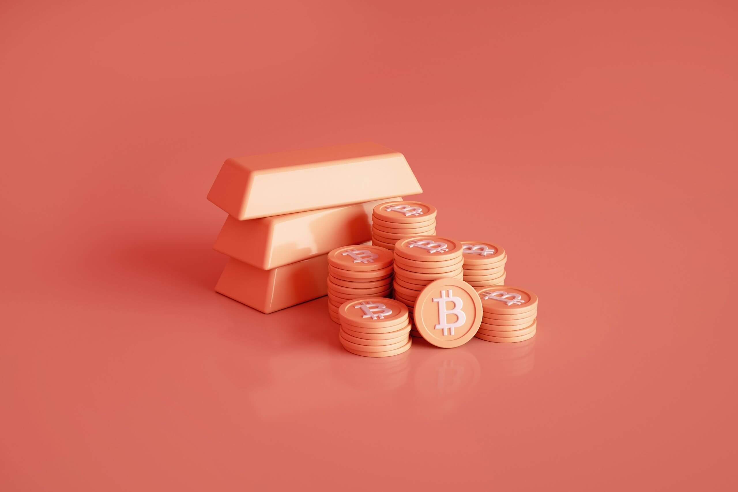 L’or ou les cryptomonnaies: quel est le meilleur investissement? lingots d'or et pièces de bitcoin empilés sur fond orange.