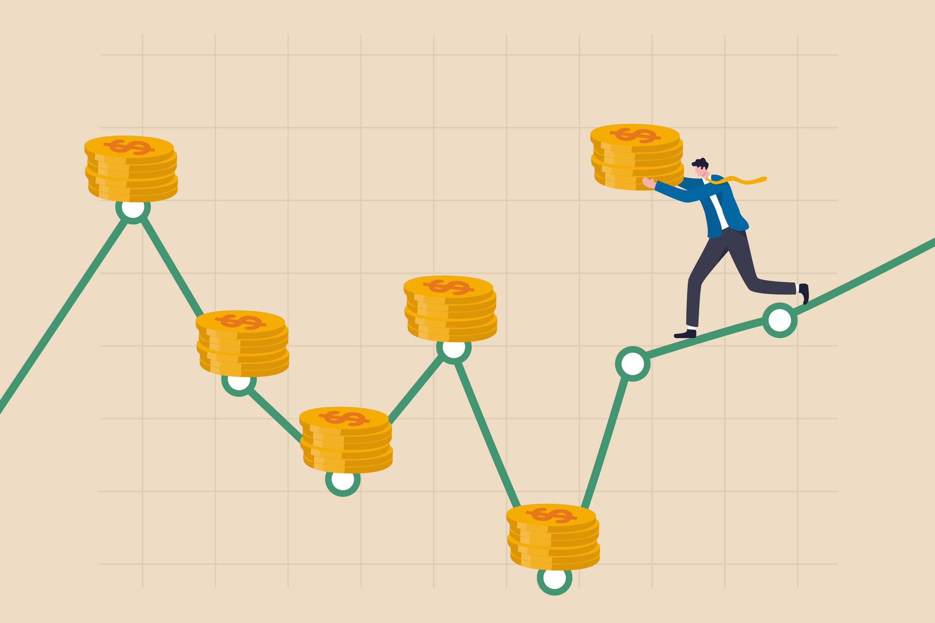 La scelta di una strategia di investimento tra la Dollar-Cost Averaging e la strategia Una Tantum rappresentata da una vignetta con un uomo con in mano una pila di monete d’oro che corre su un grafico verde che indica i periodi di investimento. La scelta di una strategia di investimento tra la Dollar-Cost Averaging e la strategia Una Tantum rappresentata da una vignetta con un uomo con in mano una pila di monete d’oro che corre su un grafico verde che indica i periodi di investimento.