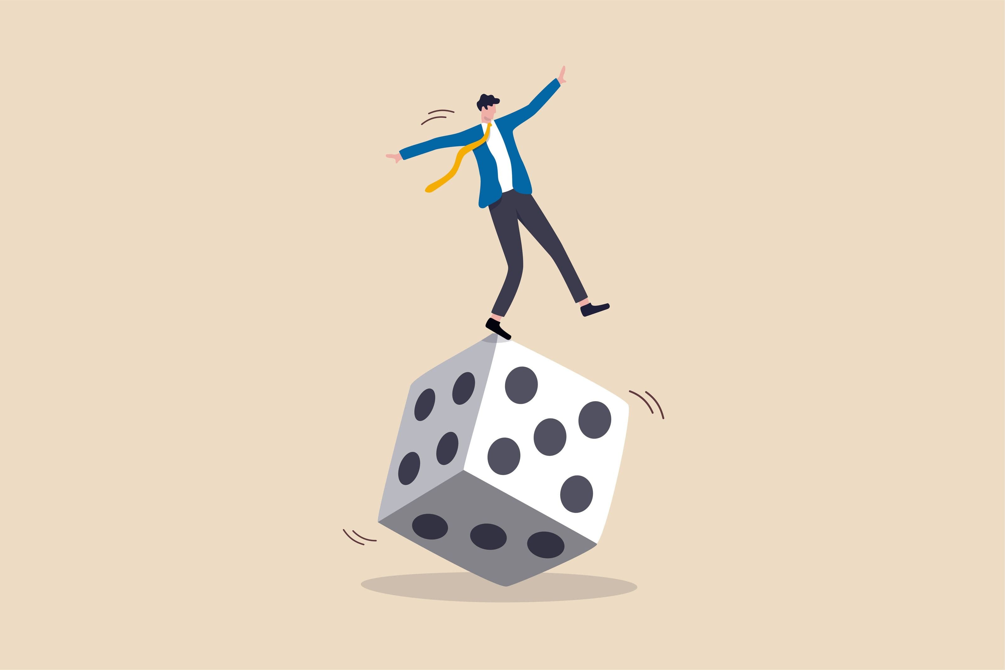 La determinazione della propria tolleranza al rischio rappresentata dalla vignetta di un uomo in giacca e cravatta in equilibrio su un dado gigante. La determinazione della propria tolleranza al rischio rappresentata dalla vignetta di un uomo in giacca e cravatta in equilibrio su un dado gigante.