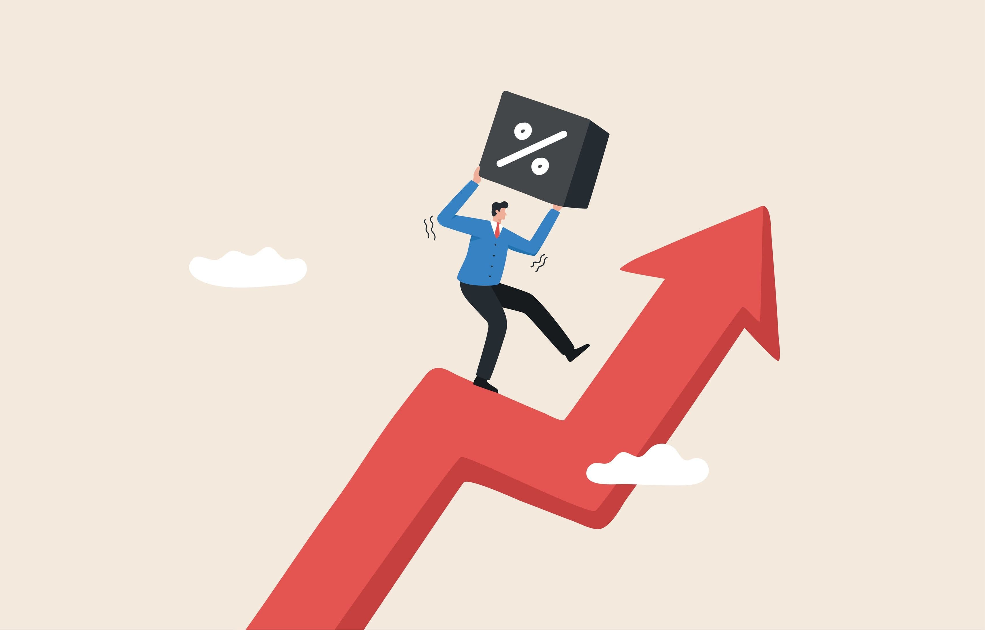 Wochenrückblick: Großbritannien und Türkei erhöhen Zinsen, Katastrophe U-Boot Titan ein Mann in einer blauen Jacke klettert auf einen roten Pfeil, der steigende Zinsen symbolisiert