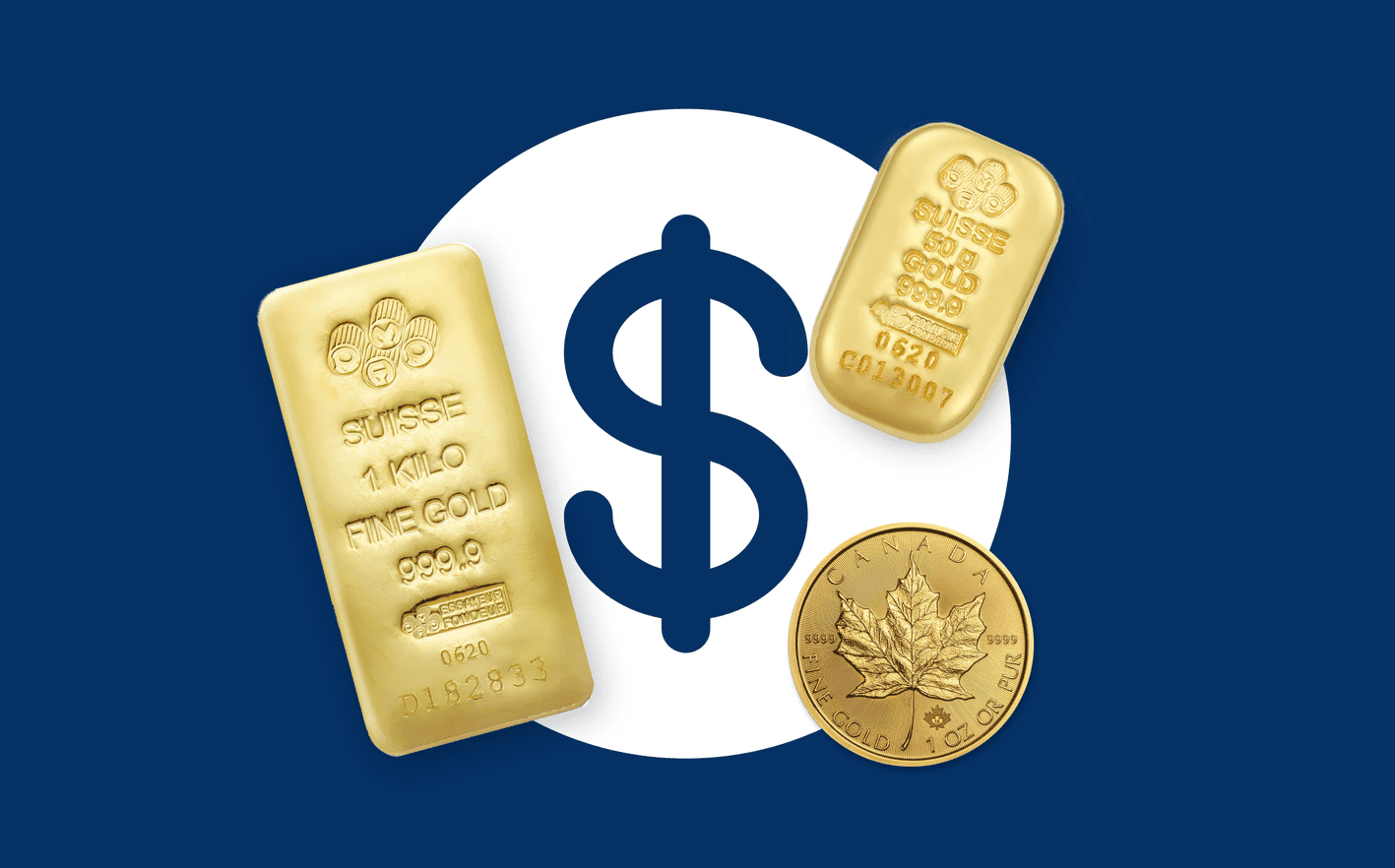PAMP Suisse gold bars and a 1 oz Canadian Maple Leaf gold coin arranged on a blue background, adorned with a dollar sign. PAMP Suisse gold bars and a 1 oz Canadian Maple Leaf gold coin arranged on a blue background, adorned with a dollar sign.