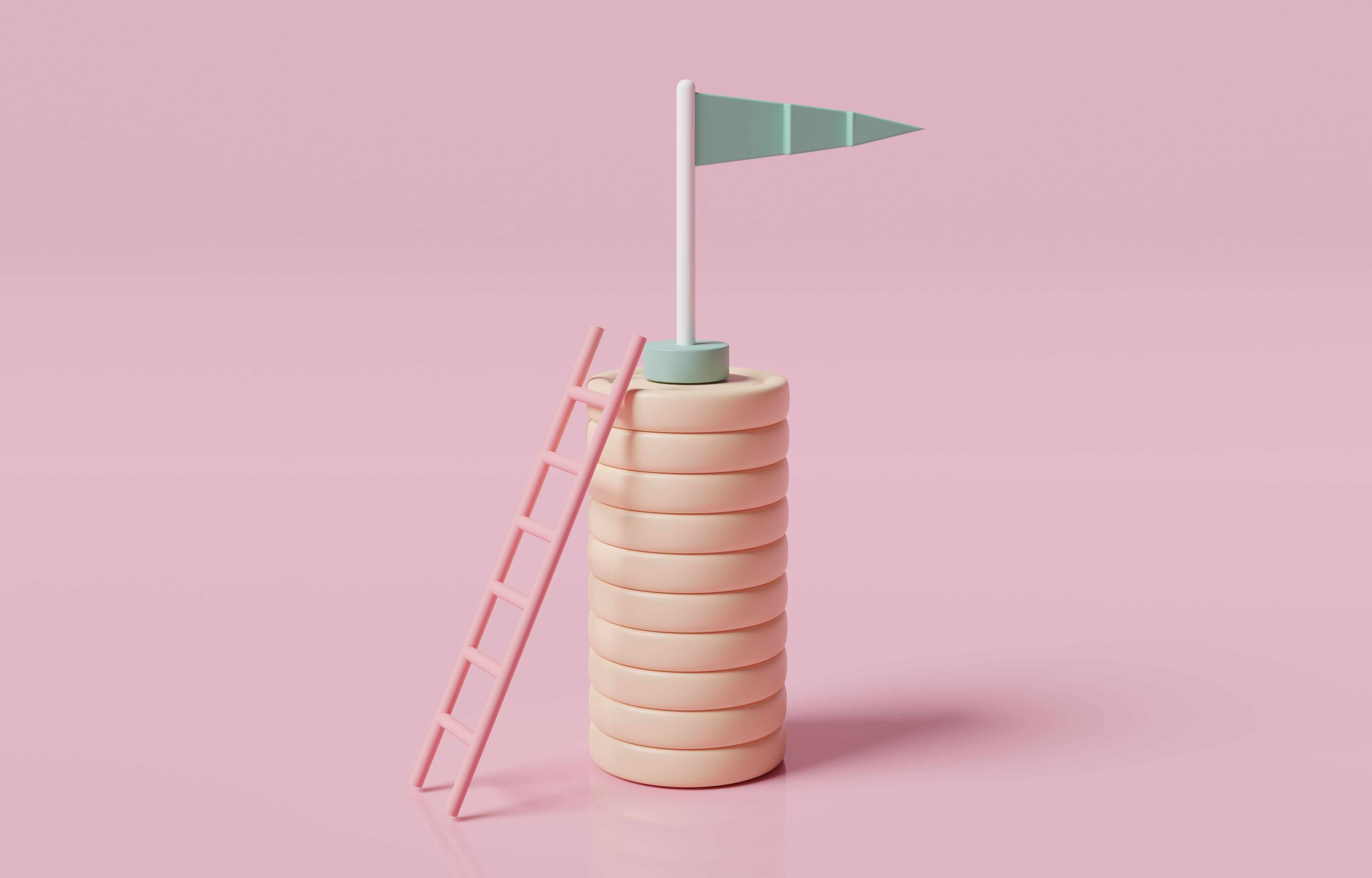 a stack of rubber gold coins with a ladder and a green flag on the top a stack of rubber gold coins with a ladder and a green flag on the top