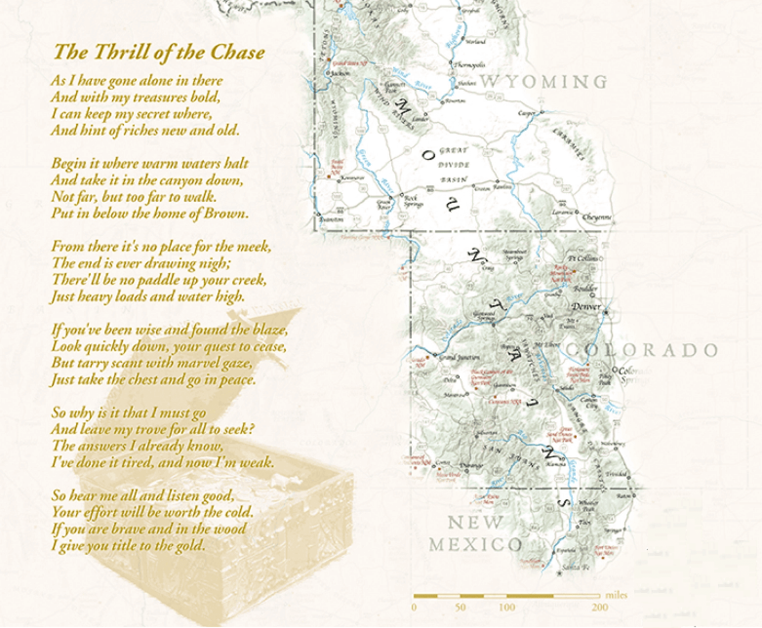 Le marchand d'art Forrest Fenn a écrit un poème qui mène à un coffre au trésor caché contenant des pièces d'or et des bijoux. Le marchand d'art Forrest Fenn a écrit un poème qui mène à un coffre au trésor caché contenant des pièces d'or et des bijoux.