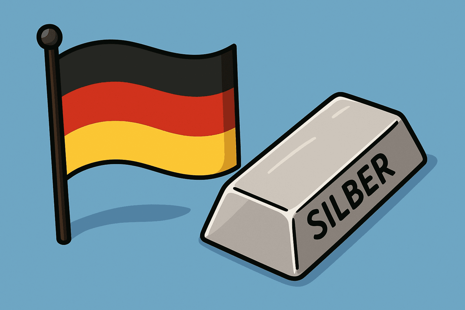 Illustration einer deutschen Flagge neben einem Silberbarren mit dem Wort „Silber“ Illustration einer deutschen Flagge neben einem Silberbarren mit dem Wort „Silber“